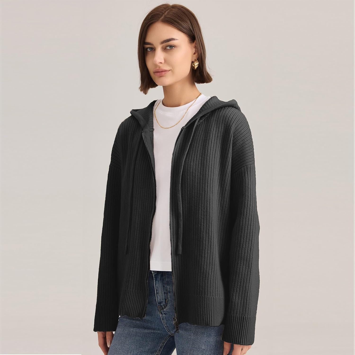 Cardigan Sweaters for Women with Zip Up Hoodie Long Sleeve Drawstring Chunky and Oversized Cardigan - Image 6