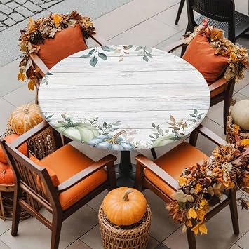 Round Fitted Tablecloth Fall Pumpkin Thanksgiving Eucalyptus Leaf Washable Waterproof Elastic Table Covers for Camping Indoor Dining Table Protector Farm Vintage Wood Board Fits 55-60" Tables