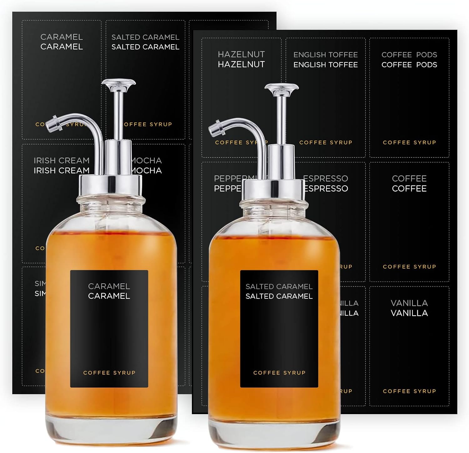 2 Coffee Syrup Dispensers with 18 Labels, Joyfulmap Coffee Pump