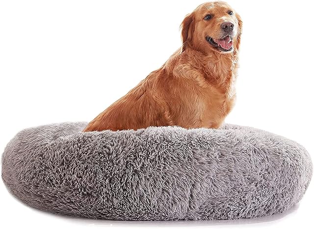 PETORREY Calming Dog Bed Round Donut Cuddler Warming and Comfortable Pet Bed Anti-Anxiety Faux Fur Fluffy Cat Bed, Ultra Soft Washable(Light Grey Medium)