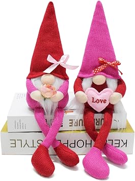 Attiigny 2PCS Handmade Santa Gnome Decorations,Romantic Saint Valentine Tiered Tray Party Ornament Present Tomte,Knitted Pink Stuffed Anniversary Decor for HomeLong Leg