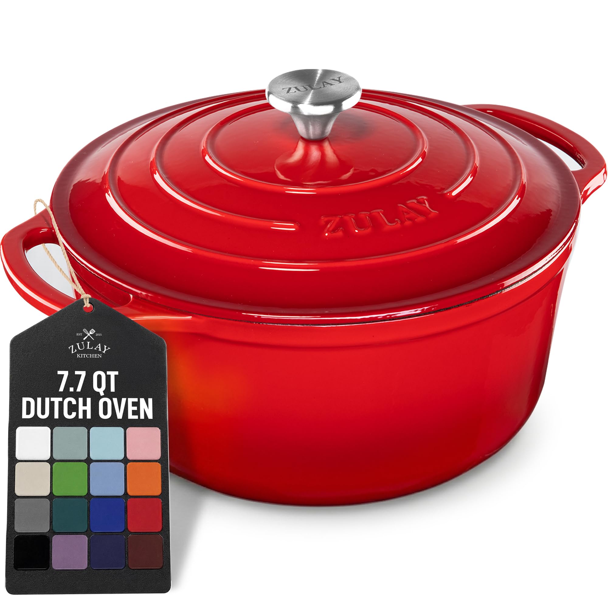 Zulay Kitchen 7.7 Quart Enameled Cast Iron Dutch Oven Pot with Lid – Premium Durability &amp; Oven Safe up to 500°F – Heavy Duty Cookware Perfect for Bread Baking, Stews, Braising &amp; Roasting – Ablaze Red