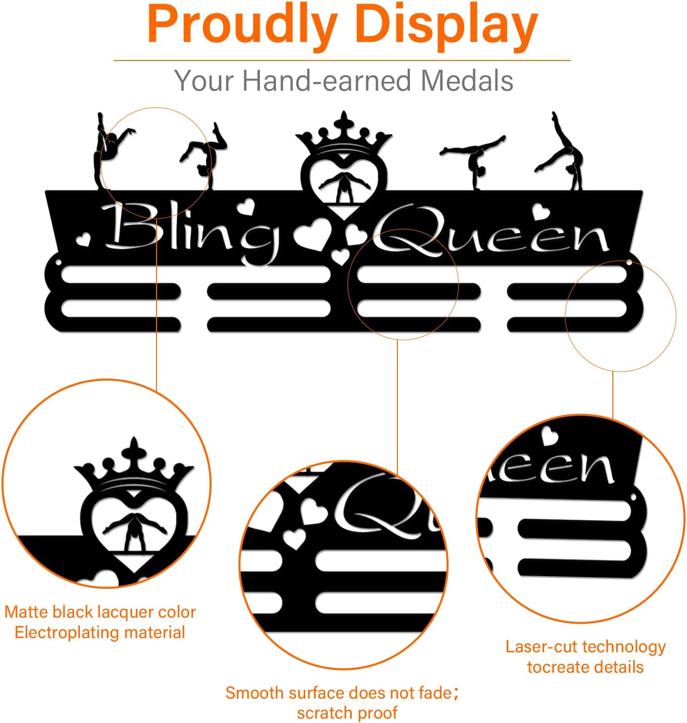 SUPERDANT Medal Holder Display Woman Gymnastics Medal Hanger Motivating Word Bling Queen Black Iron Wall Mounted Hooks for Sports Competition Wall Hanging Rack Gifts for Athletes 15.75X6in
