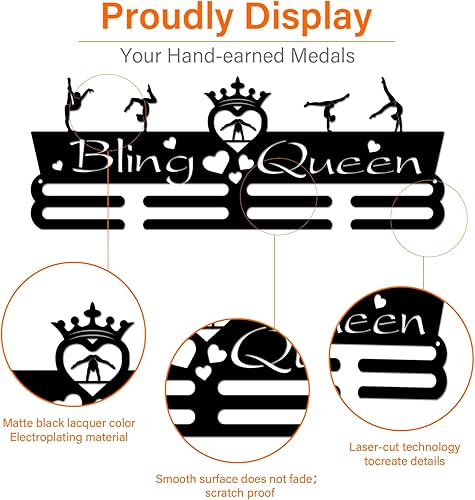 Miniatura 5 de SUPERDANT Soporte para medallas de gimnasia, exhibidor de medallas motivadoras con palabras brillantes, Queen, ganchos de hierro negro para montar