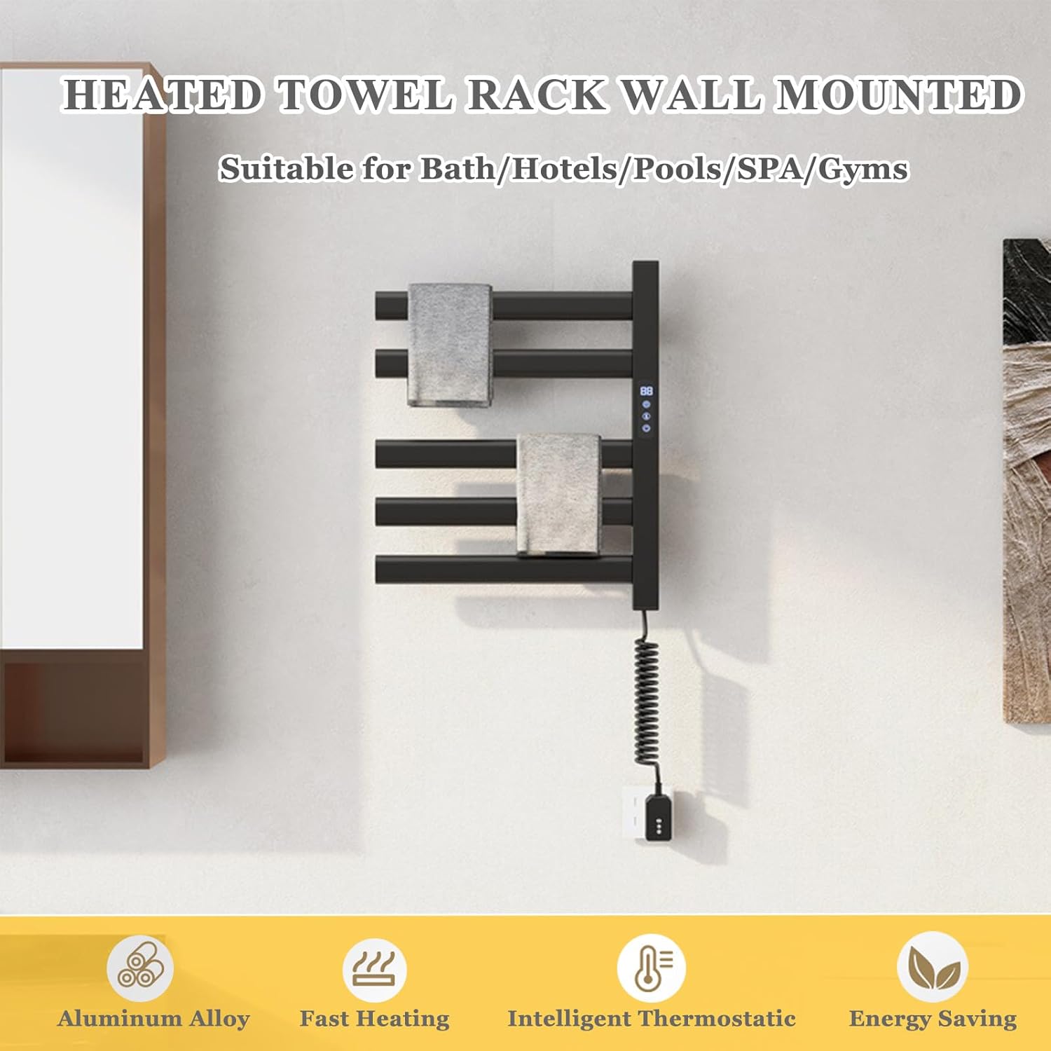 Electric Towel Warmer Rack for Bathroom, 5-Bar Wall Mounted Heated Towel Heater with Built-in Timer & Smart Temperature Control, Plug-in, Stylish Black Finish