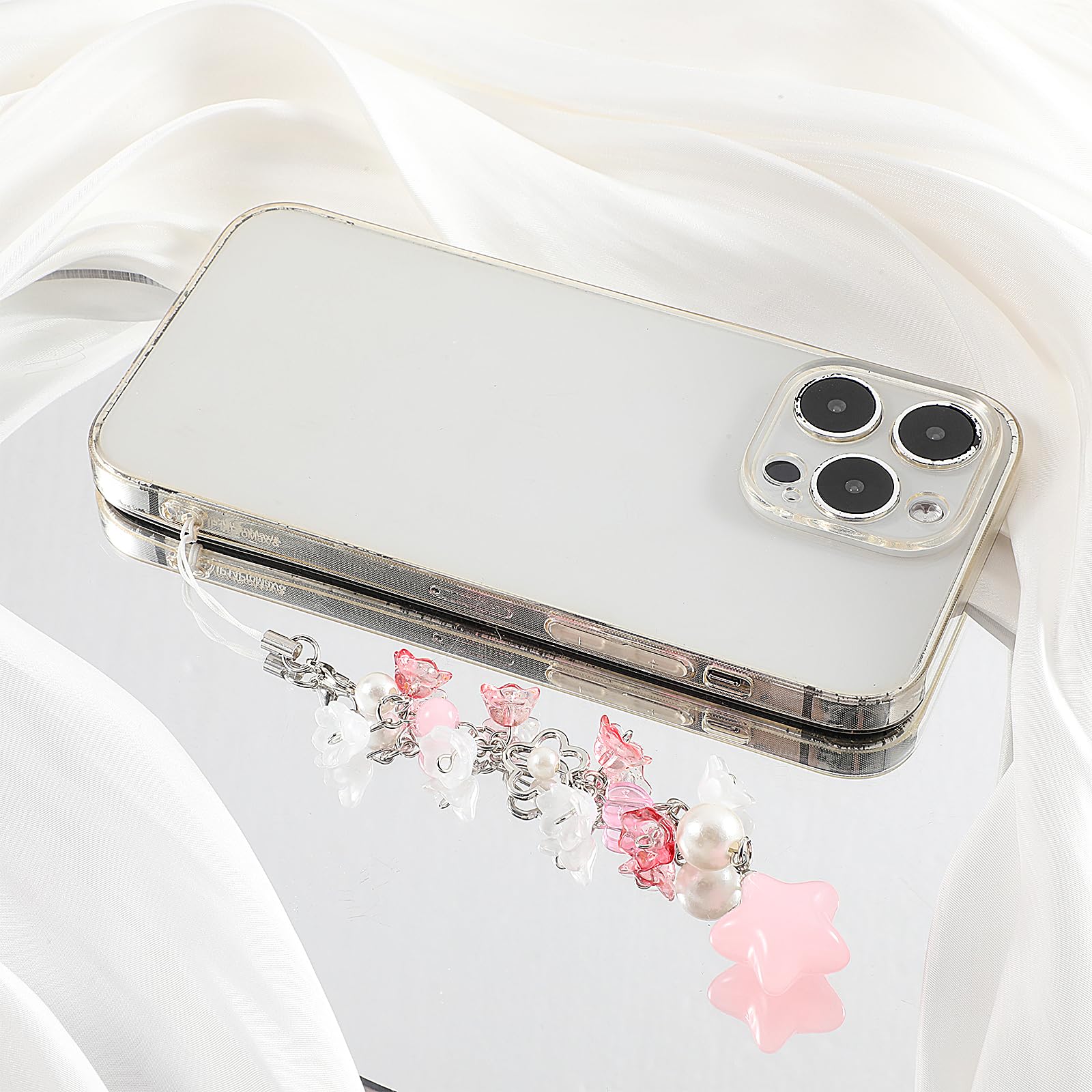 Mabor Pendentif téléphone portable rose fleurs étoiles Y2K dragonne porte-clés