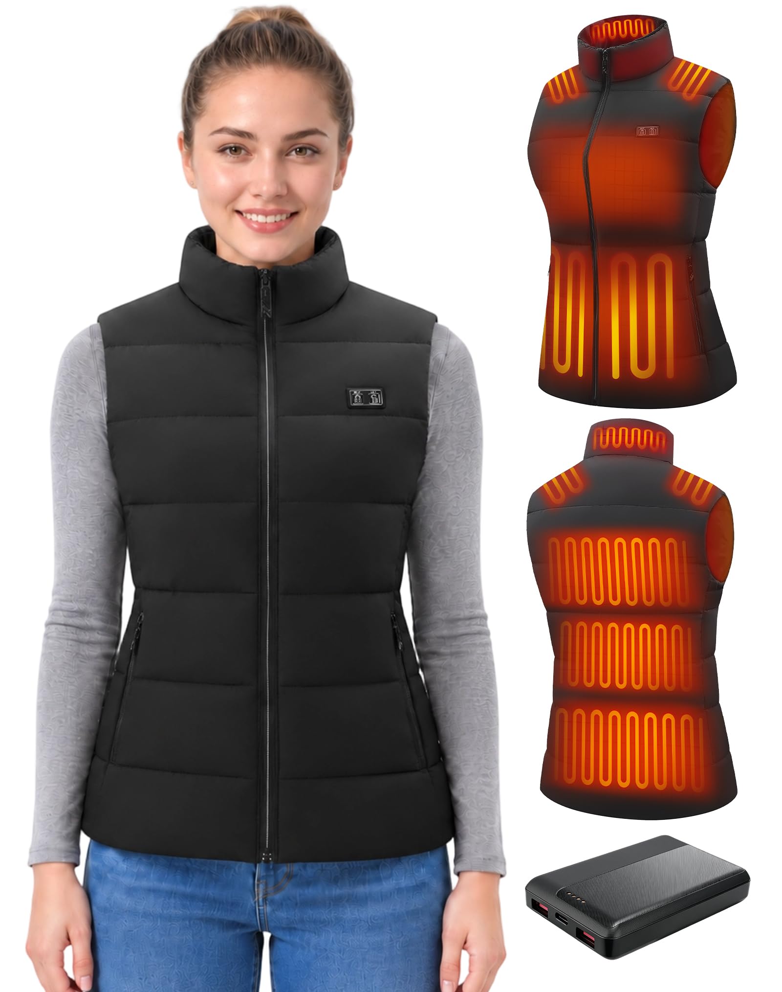 CKARTIC Heizweste Damen mit Powerbank Beheizbare Weste Damen, 15 Heizzonen | 3 Heizstufen, Individuell regelbare Heizzonen, USB‑Anschluss, Leicht & Warm, Sport & Freizeit Weste für Winter‑Radsport