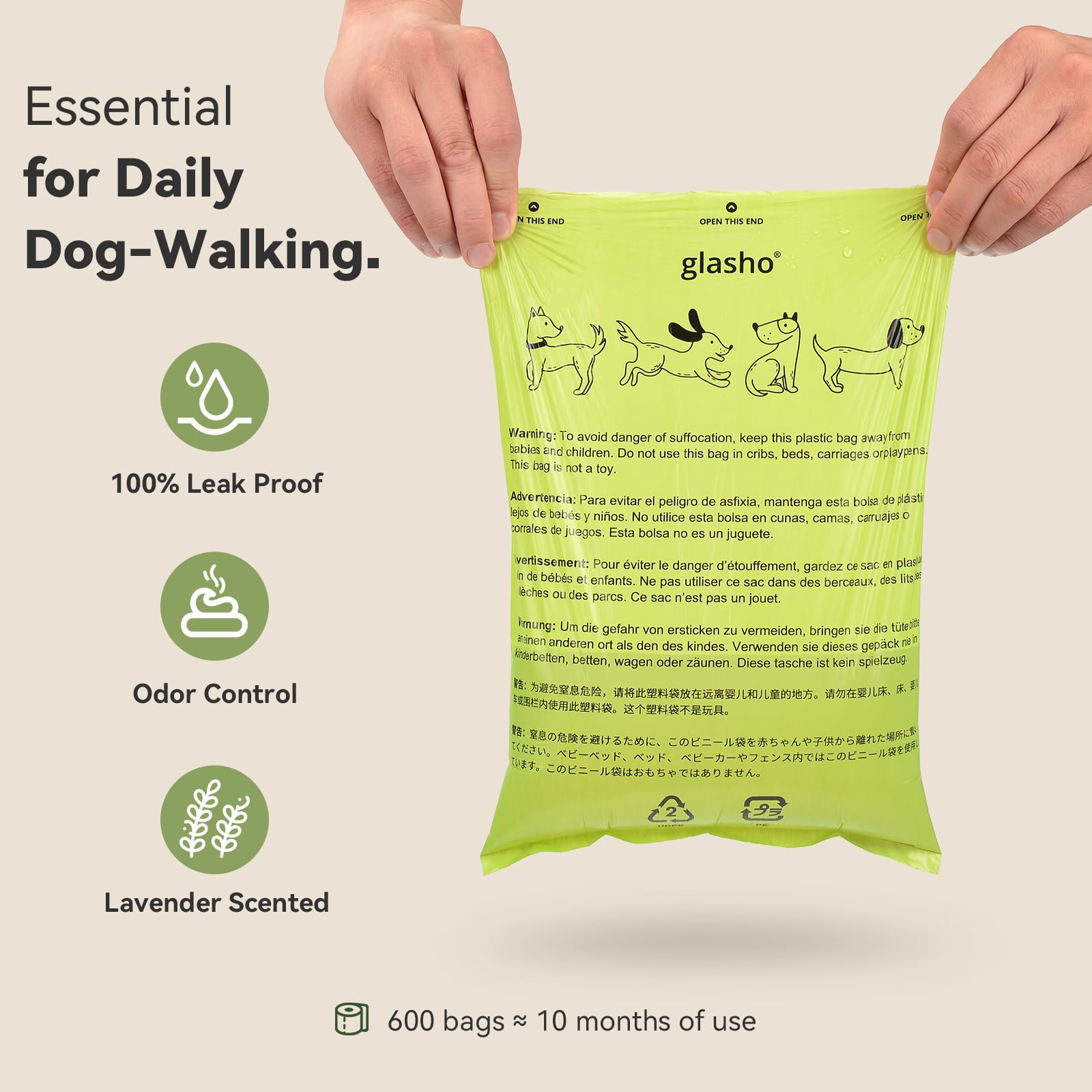 Bolsas para excrementos de perros (600 unidades, 30 rollos) con aroma a lavanda, a prueba de fugas, bolsas de basura fuertes de 13 x 9 pulgadas con dispensador, verde/a granel