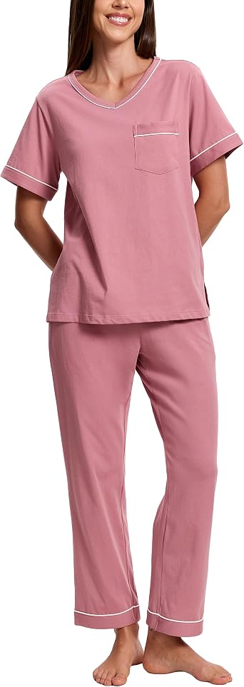 ANLIQI 100% Cotton Pajamas for Women Short Sleeve Sleepwear & Long Pants 2 Piece Pjs Loungewear Pj Set with Pockets S-XXL
