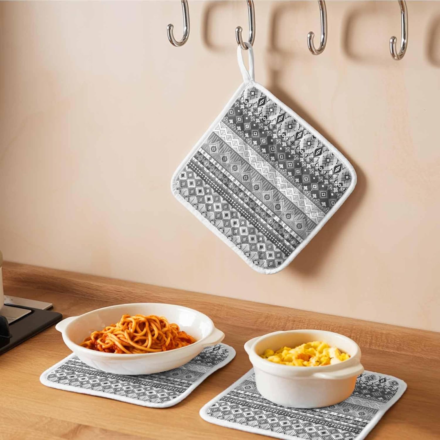 Grey White Boho Pot Holders for Kitchen Heatproof Potholder, 5 Pack Vintage Ethnic Tribe Abstract Art Hot Pads Multipurpose Oven Pads Cloth Potholders Trivet for Cooking Baking