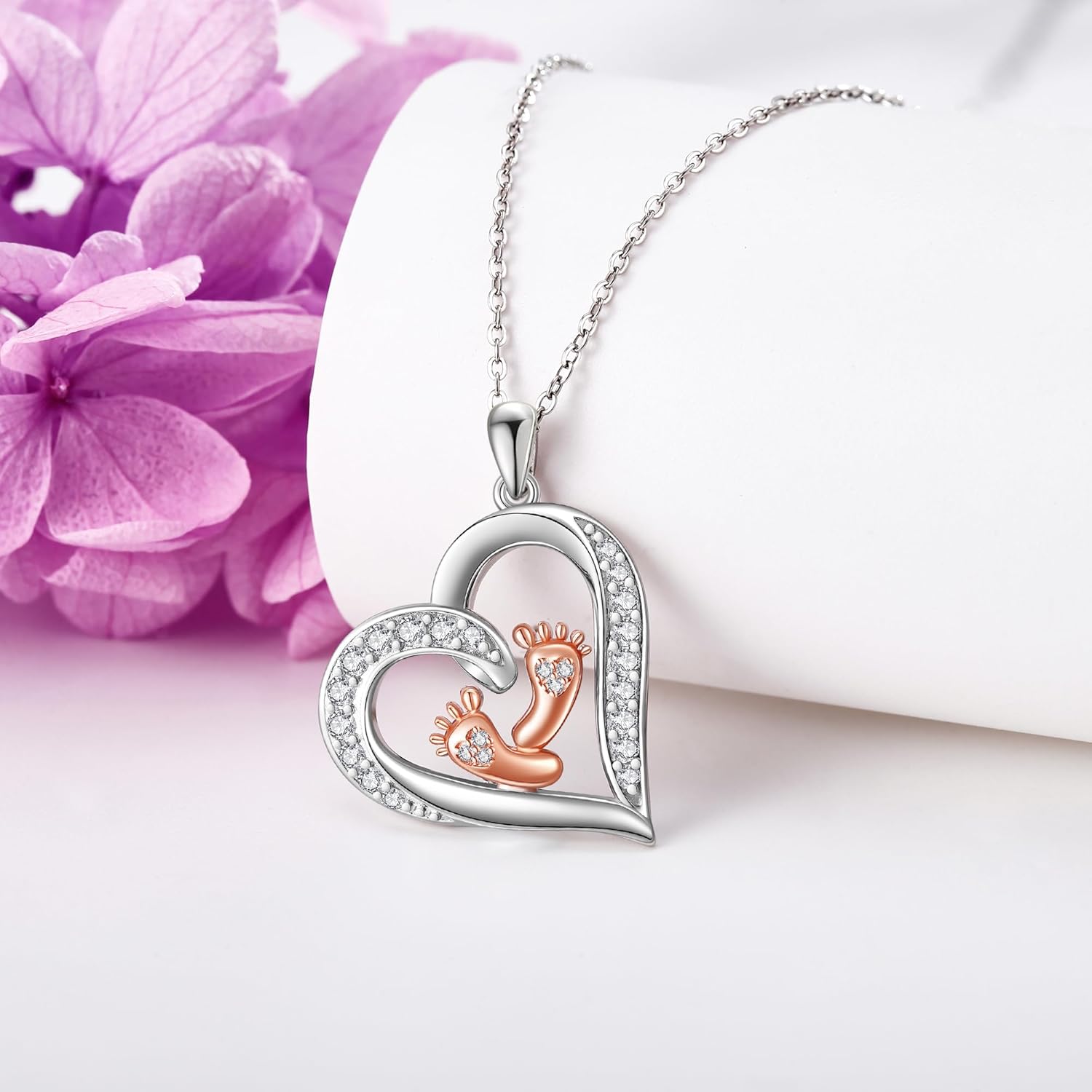 ONEFINITY New Mom Gift Necklace Sterling Silver Baby Feet Heart Pendant Necklace New Mom Jewelry for Women Mom