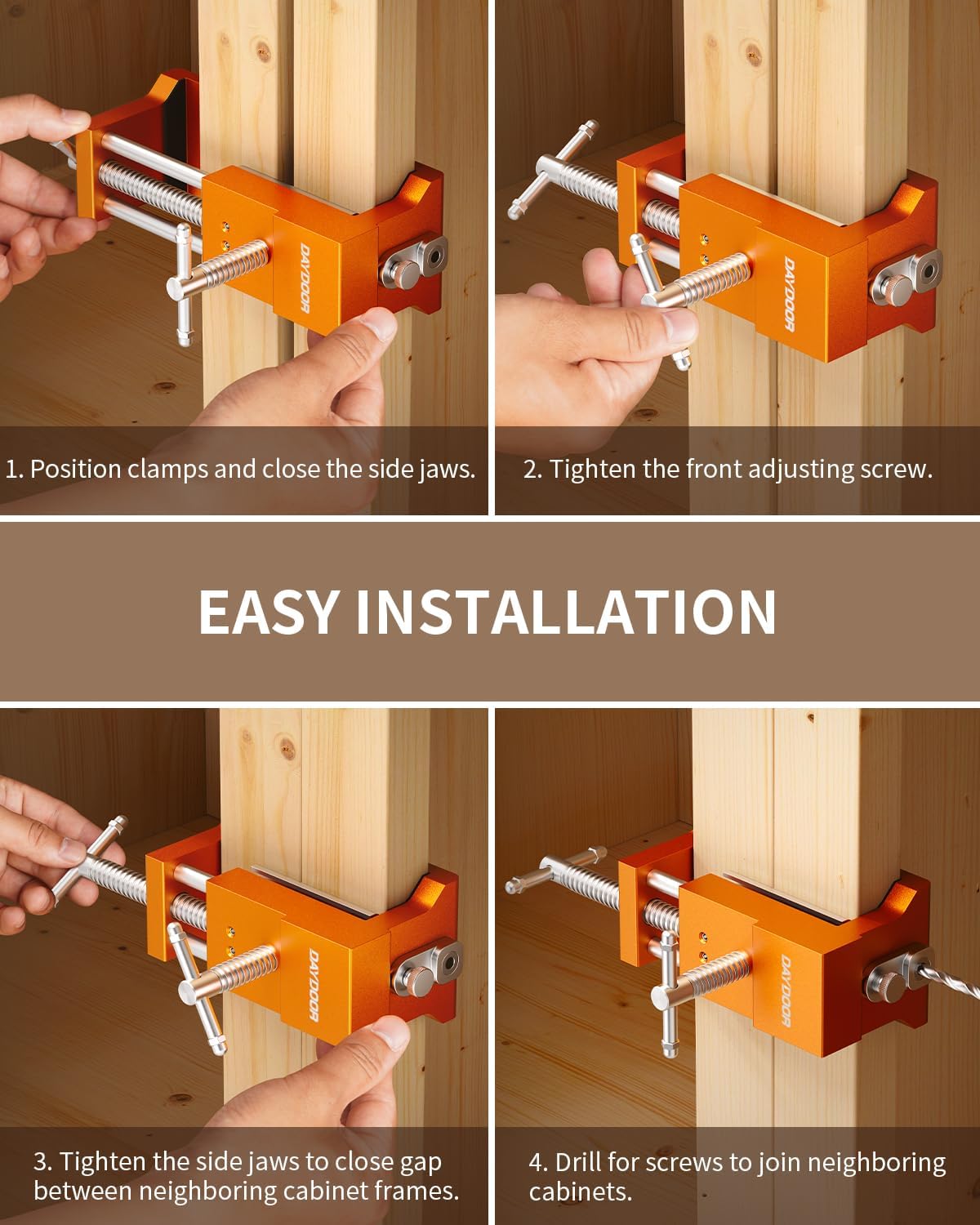 DAYDOOR Professional Cabinet Clamps 4 Pack, Heavy-Duty Cast Steel, Integrated Drill Guide & EVA Protection, Face Frame Alignment Tool for Cabinet Installation & Woodworking, Orange