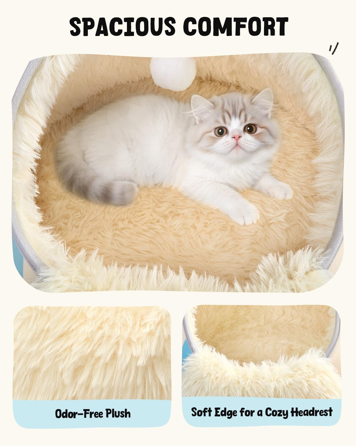 BurgeonNest 20-Inch Round Cat Bed Cave, Enclosed Hooded Pet House for Indoor Kittens, Anti-Collapse EVA Shell with Cord Access for Heating Pad, Washable Soft Plush, Beige
