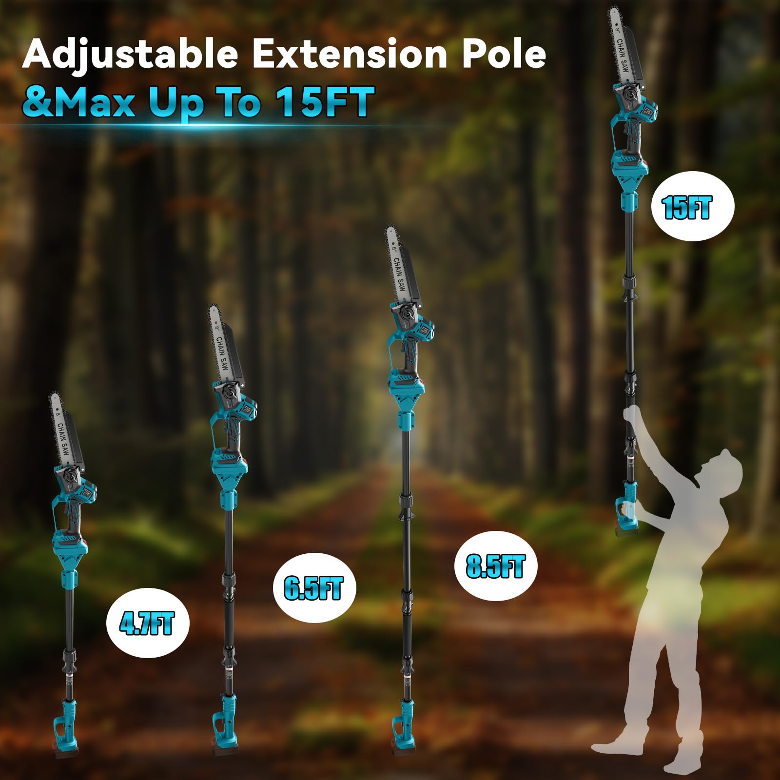 2-en-1 8 Pulgadas Mini Motosierra telescopico a bateria de Pértiga Inalámbrica para Makita 18 V (sin baterías), sierra sin Escobillas con telescópica para Exterior, Extensible hasta 4,5 m | (sin baterías) 2-en-1 de Pértiga Inalámbrica sierra sin Escobilla