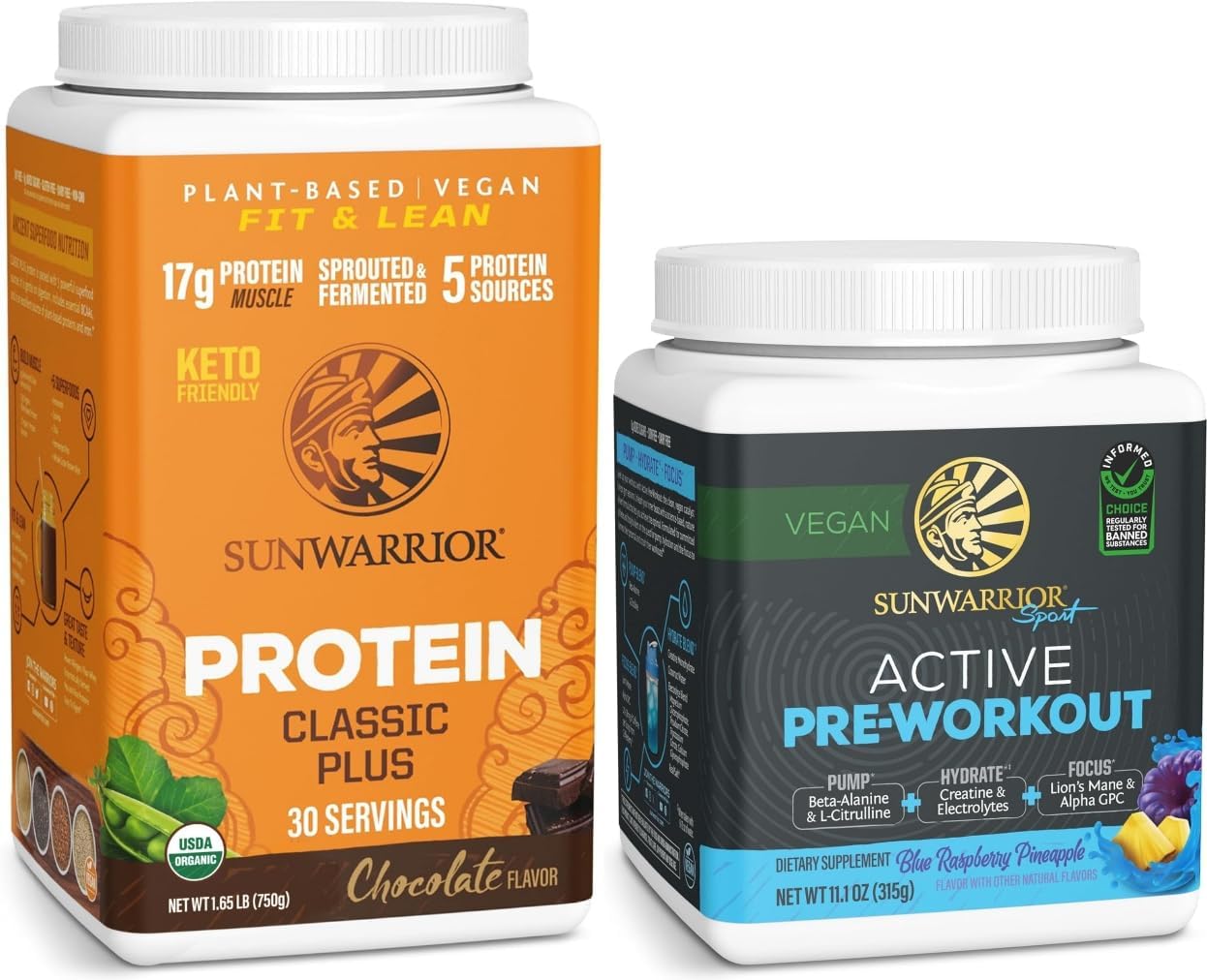 Sunwarrior Active Preworkout Hydration Blend & Chocolate Classic Plus Organic Protein Powder Set | Bundle & Save | Non-GMO Soy Dairy Filler & Gluten Free (30 Servings Each)