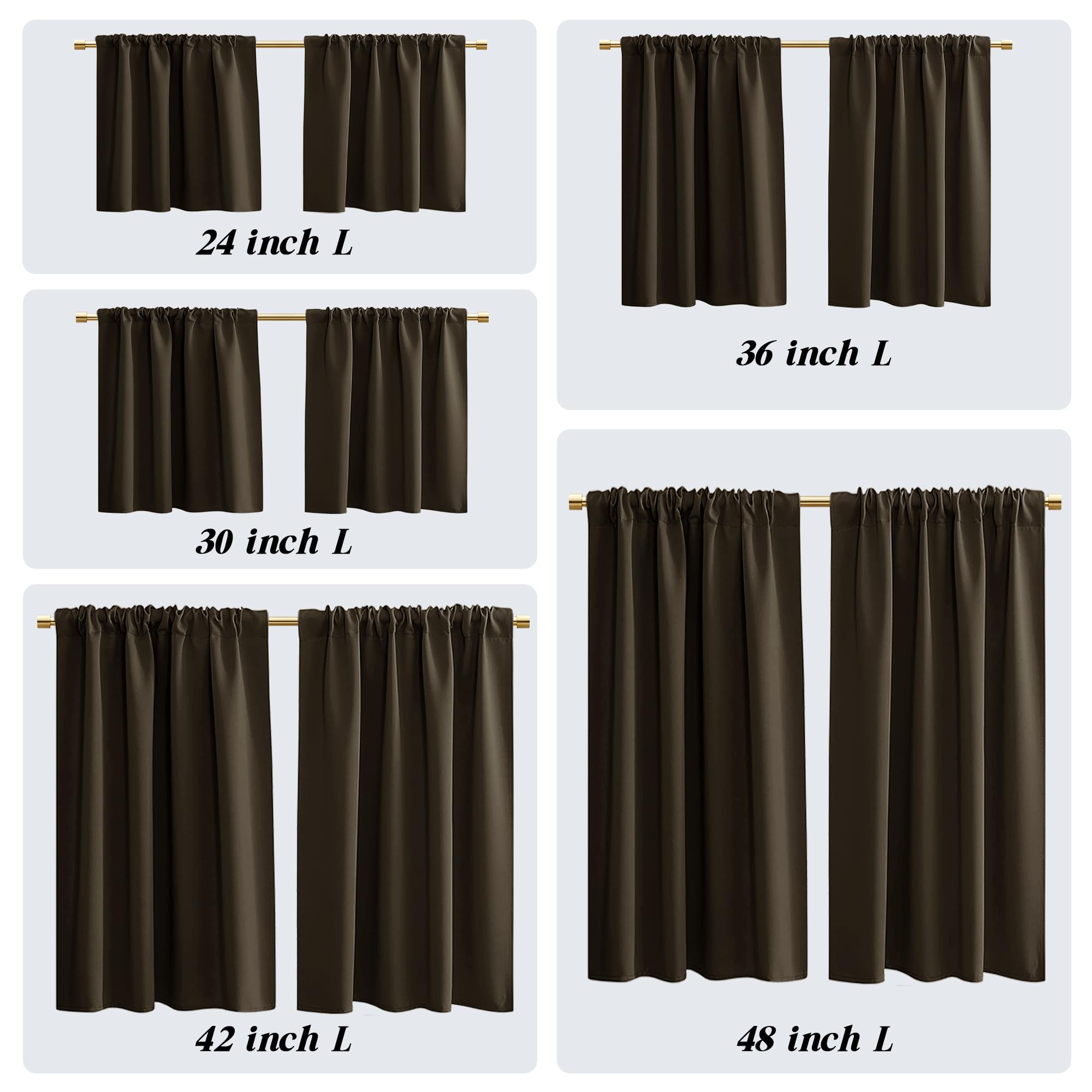 PANELSBURG Dark Brown Waterproof Window Curtains 42 Inch Length for Bathroom Set,Blackout Privacy Short Curtain for Small Bedroom Kitchen