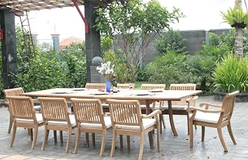 10 Seater Grade-A Teak Wood 11pc Dining Set Large 117" Rectangle Table and 10 Arbor Stacking Arm Chairs #TSDSABc