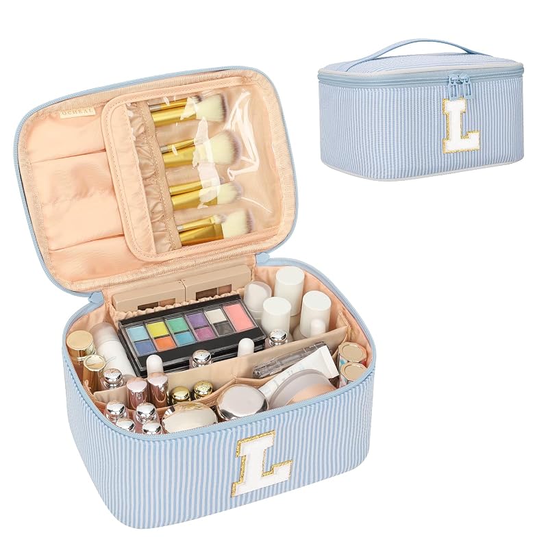Necessaire de maquiagem OCHEAL azul com inicial L, nylon, compartimentos e espaço para pincéis