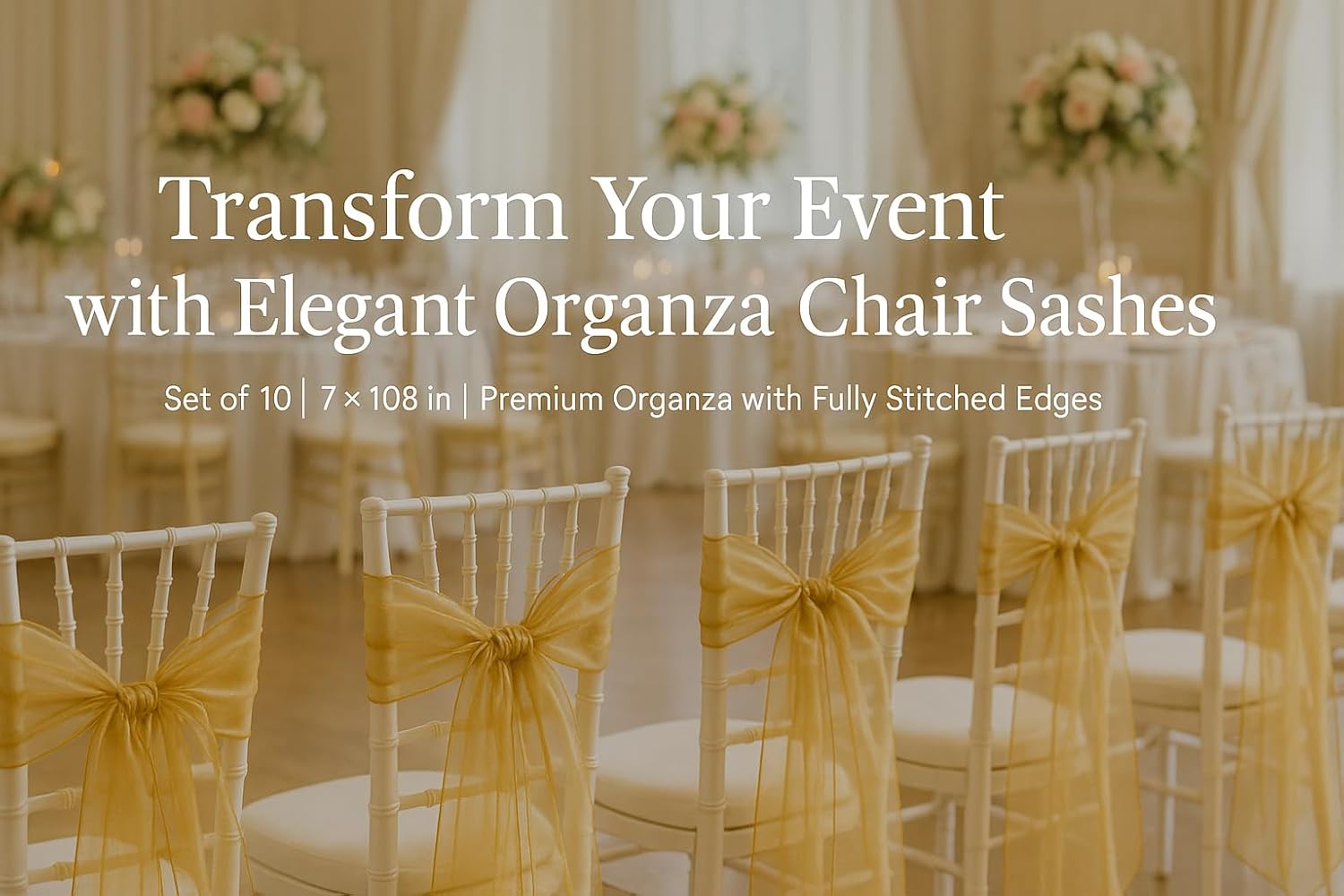 Organza Chair Bow Sash Décor Bows Sashes for Wedding Reception Events Banquets Decoration - (Pack of 25, Golden)