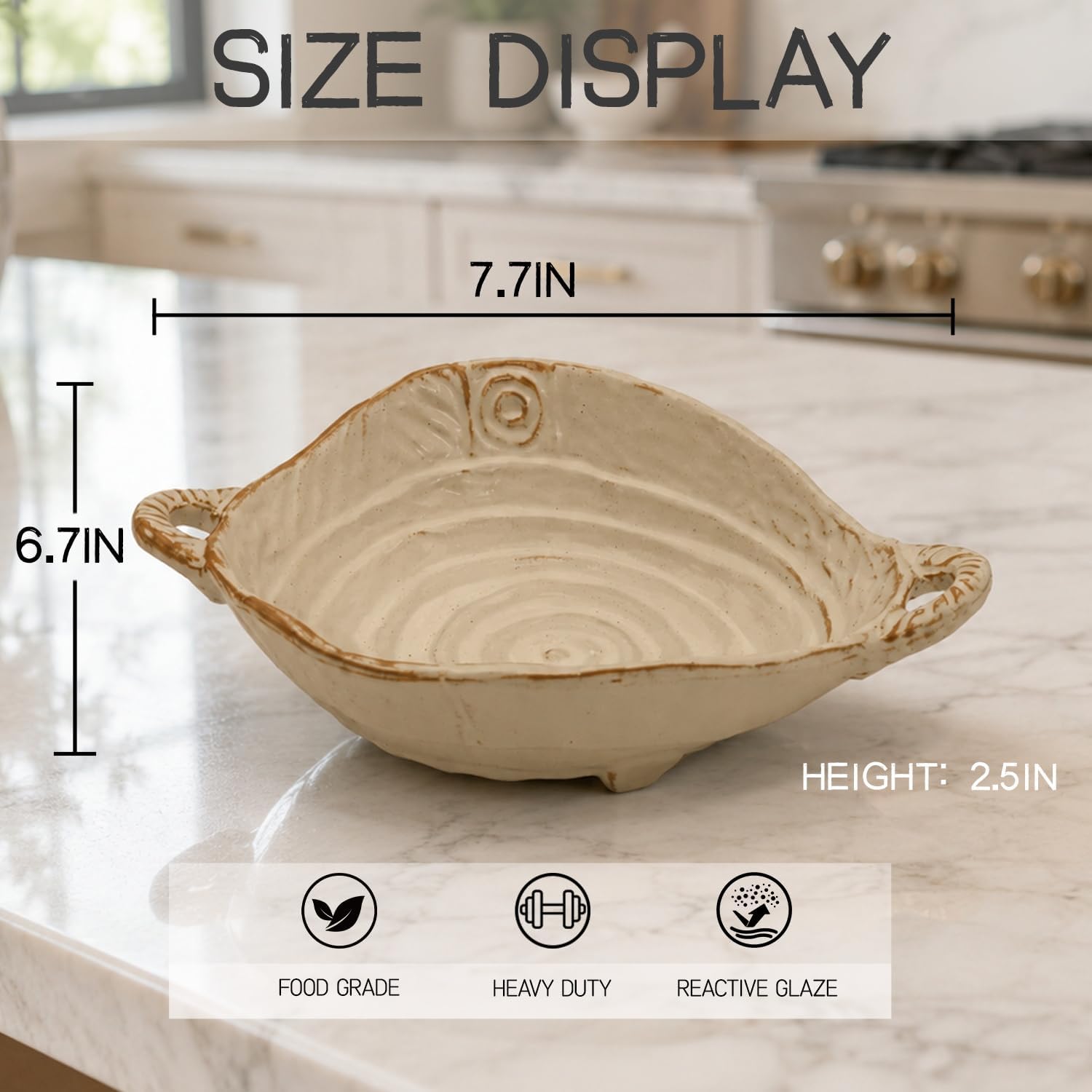 Retro Glazed Ceramic Serving Bowl with Handles Irregular Bowl Opening for Spaghetti,Fruit,Salad,Table Centerpiece Deco