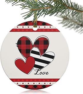 2024 Christmas Ornament Xmas Tree Hanging Accessories,Valentine's Day Red Love Heart Buffalo Lattice Christmas Tree Round Ceramic Ornaments for Holiday Party Home Decor,Stripe Sweetheart