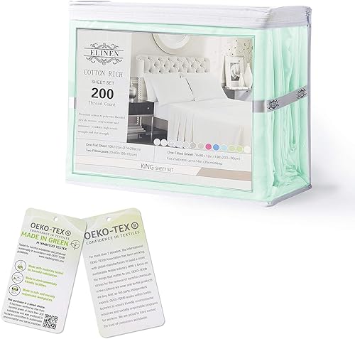 Miniatura 9 de ELINEN Juego de sábanas de percal de 200 hilos, mezcla de algodón y poliéster, sin arrugas, transpirables, sensación refrescante y fresca, 60