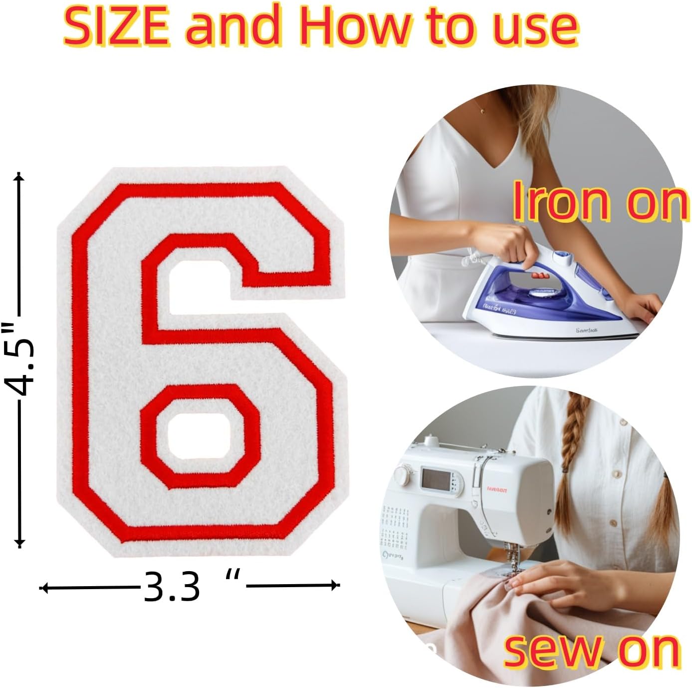 1 Pcs 4.5" White Embroidered Number Patches, Iron-On Appliques for Clothing, Jackets, Backpacks – Varsity Style with Red Border (White 6) image 2