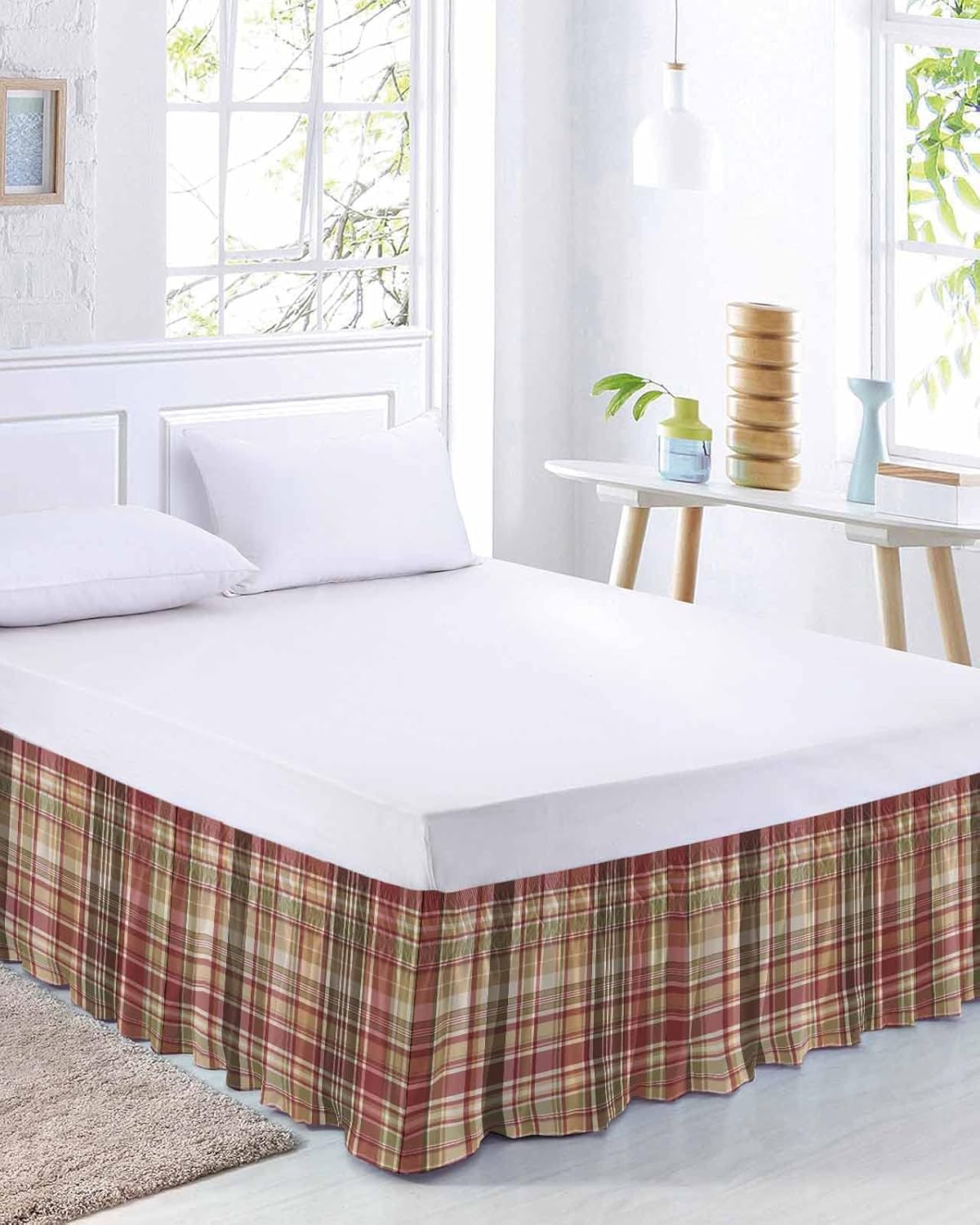 Vintage Plaid Bed Skirt King Size 16 Inch Drop, Adjustable & Elastic Wrap Around Bed Skirts Pleated Luxury Dust Ruffles for Twin Full Queen Cal King Base Bed, Country Retro Buffalo Plaid Multicolor