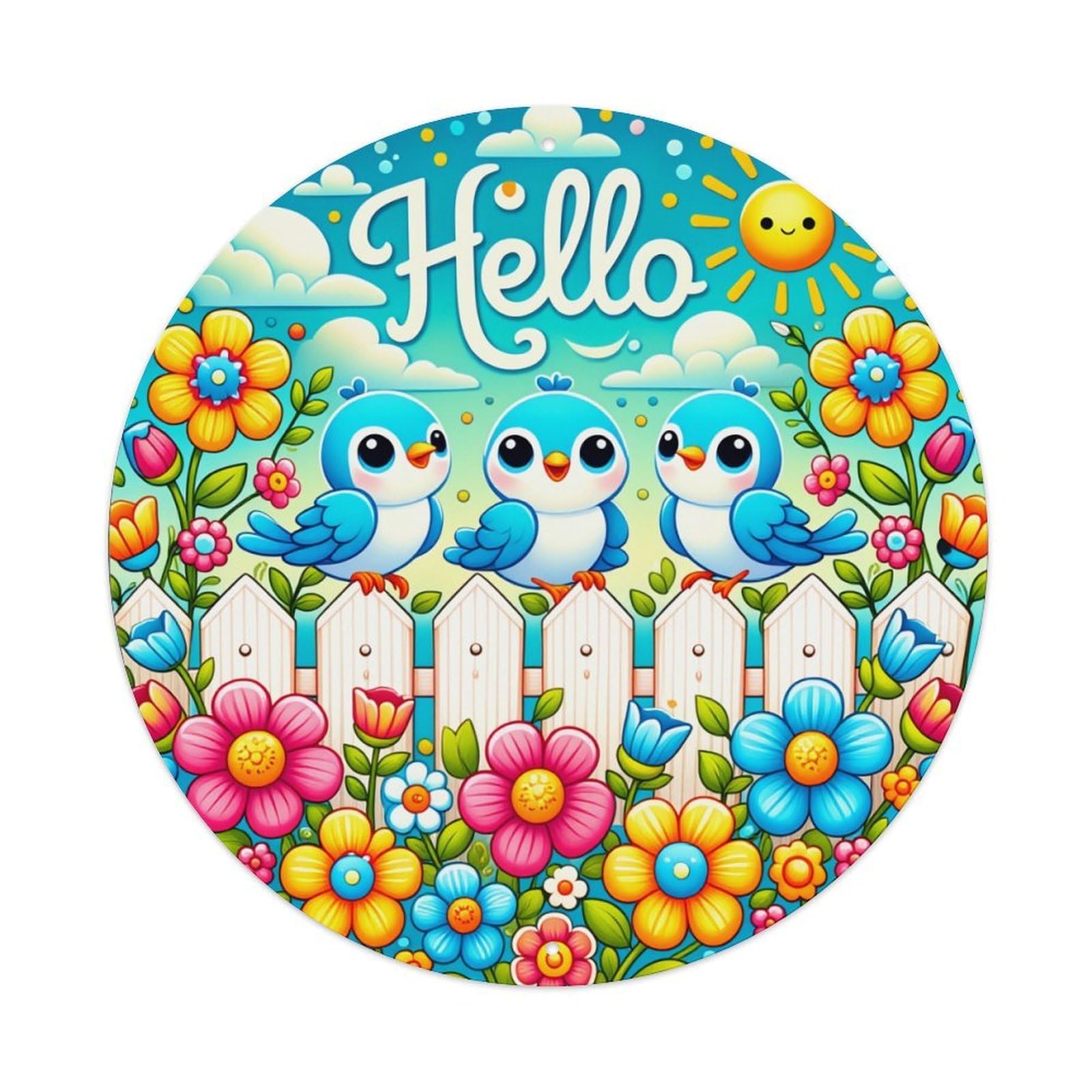 Jdfenggu Vintage Hello Birds Flowers Sun Sky Retro Metal Tin Sign, Metal Poster For Bar, Home, Man Cave, Kitchen, Laundry Room Art Decor 8X8 Inch