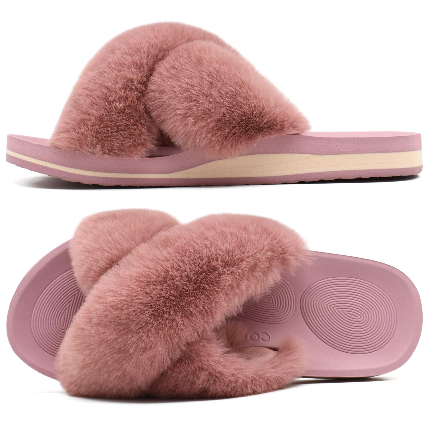 COFACEWomens Fuzzy Slides Fluff Faux Fur Cross Slippers Open Toe Yoga Mat House Slipper Sandals With Arch Support For Indoor/Outdoor