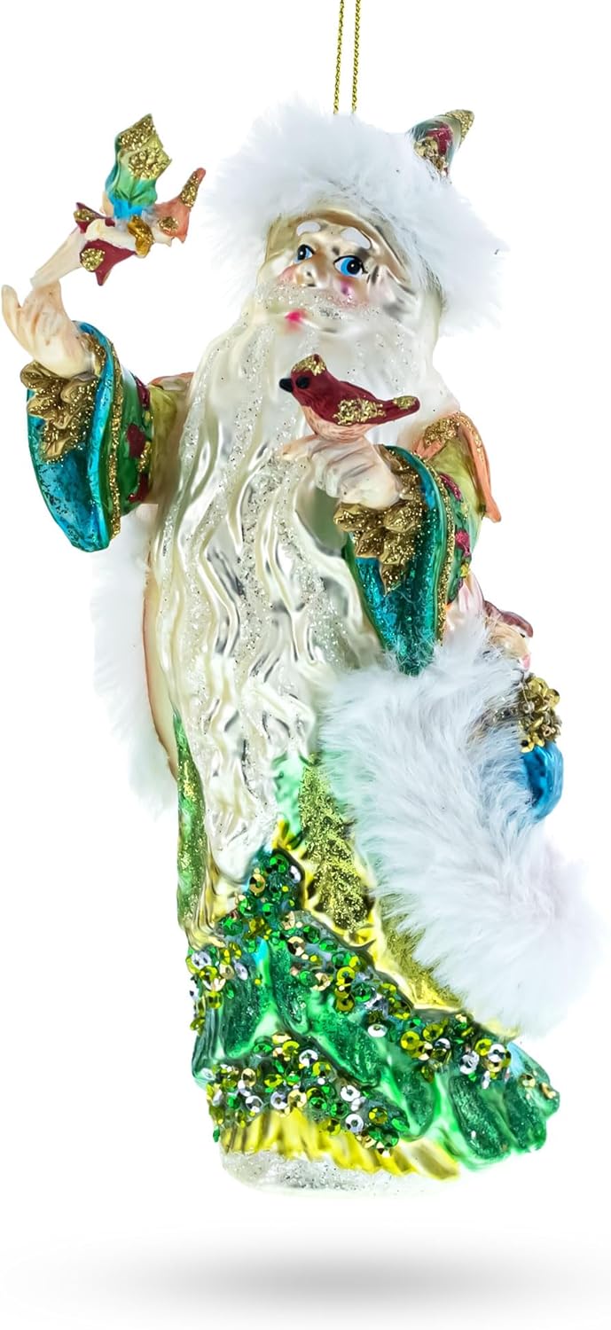 Woodland Santa with Birds Glass Christmas Ornament