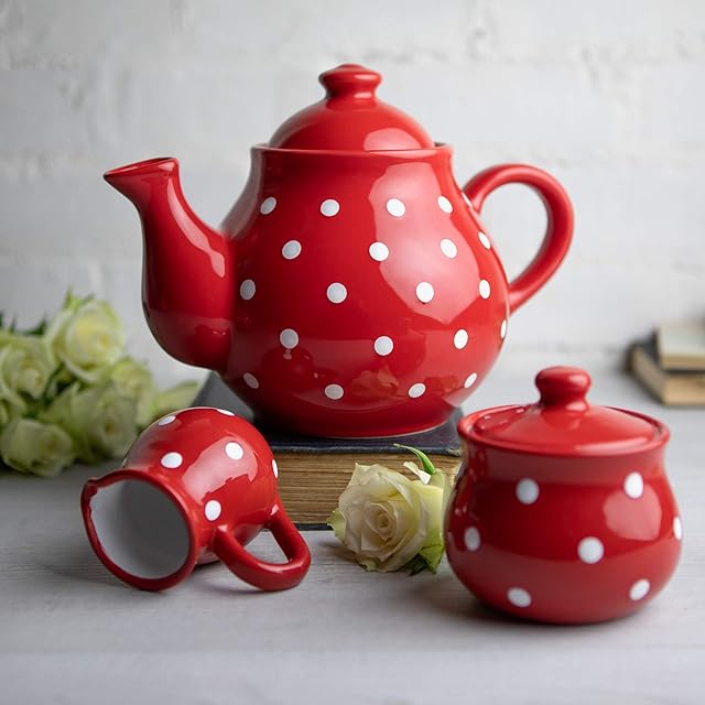 City to Cottage® Czerwone i białe kropki ręcznie malowane ceramiczne duże 1,7 l / 60 uncji / 4-6 filiżanek czajniczek, dzbanek na mleko, zestaw misek z cukrem