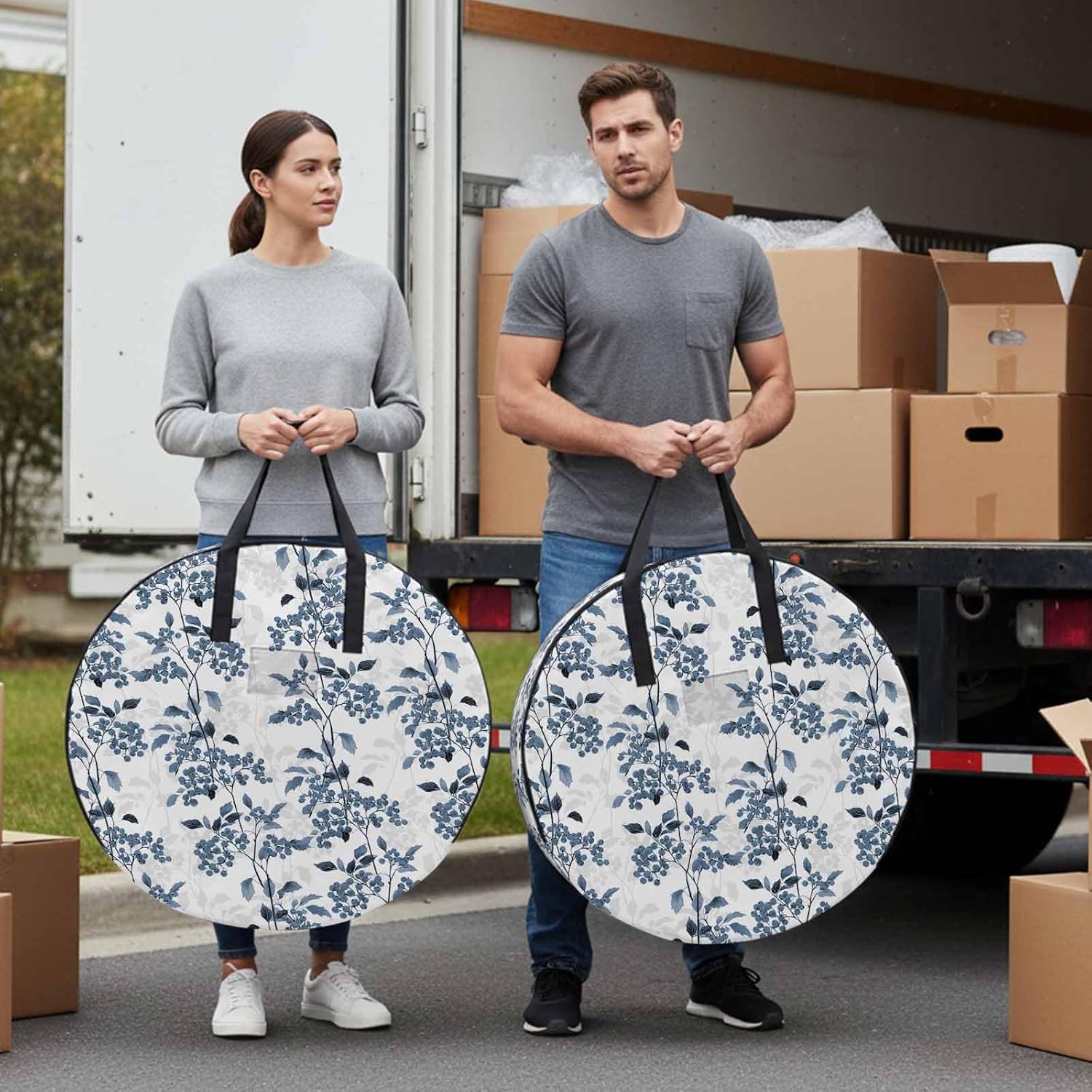 Storage Bag Blue Fruit Round Storage Totes Bins Closet Organizers with Zippers & Handle Berry Leaves Nature Clothes Storage Container for Bedroom Dorm Space Saving Packing Supplies Moving Bags