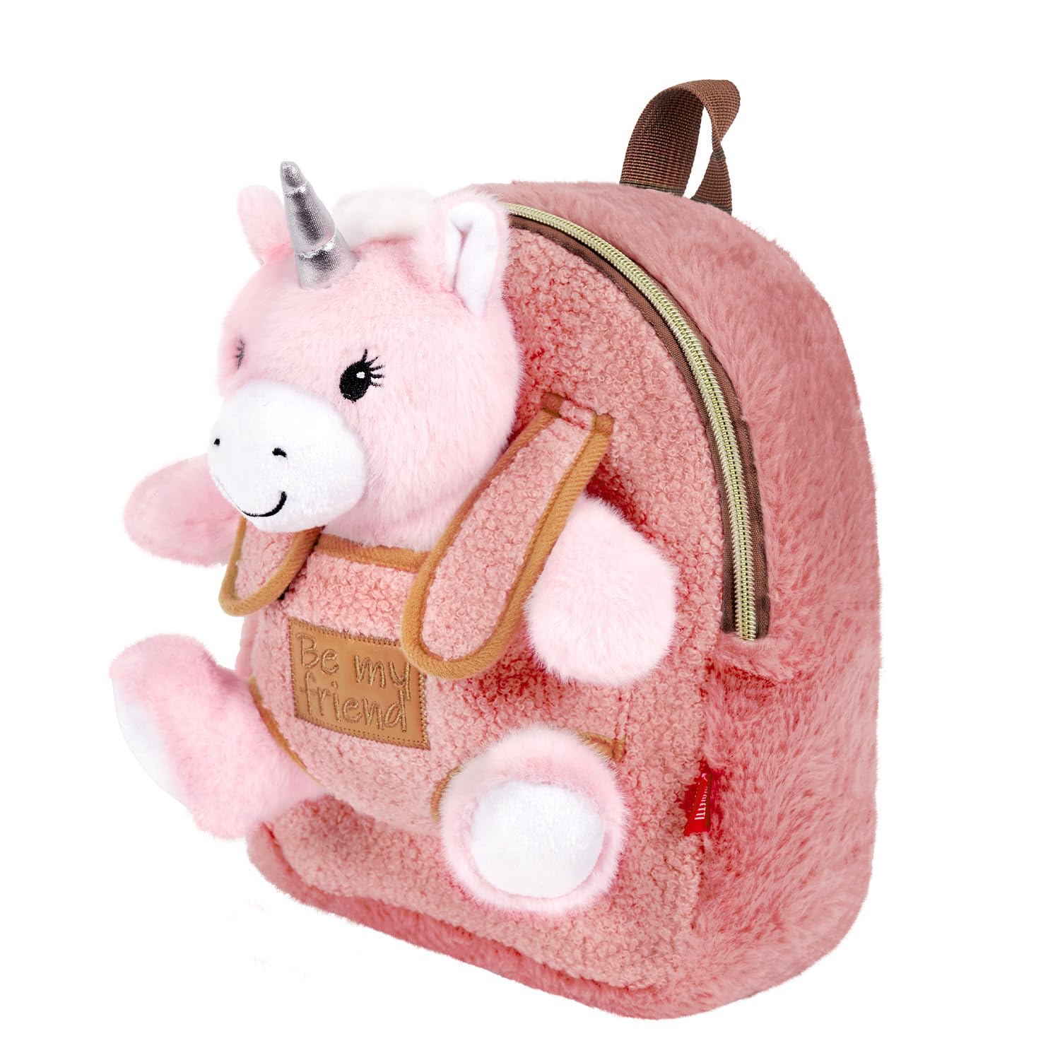 PERLETTI Sac à Dos Peluche pour Enfant 3 4 5 Ans - Mini Cartable Doux Mignon de Voyage et Doudou Animal École Maternelle - Petit Jouet et Sacoche Petite Fille Garçon Bébé - 27x21x9 cm (Licorne)