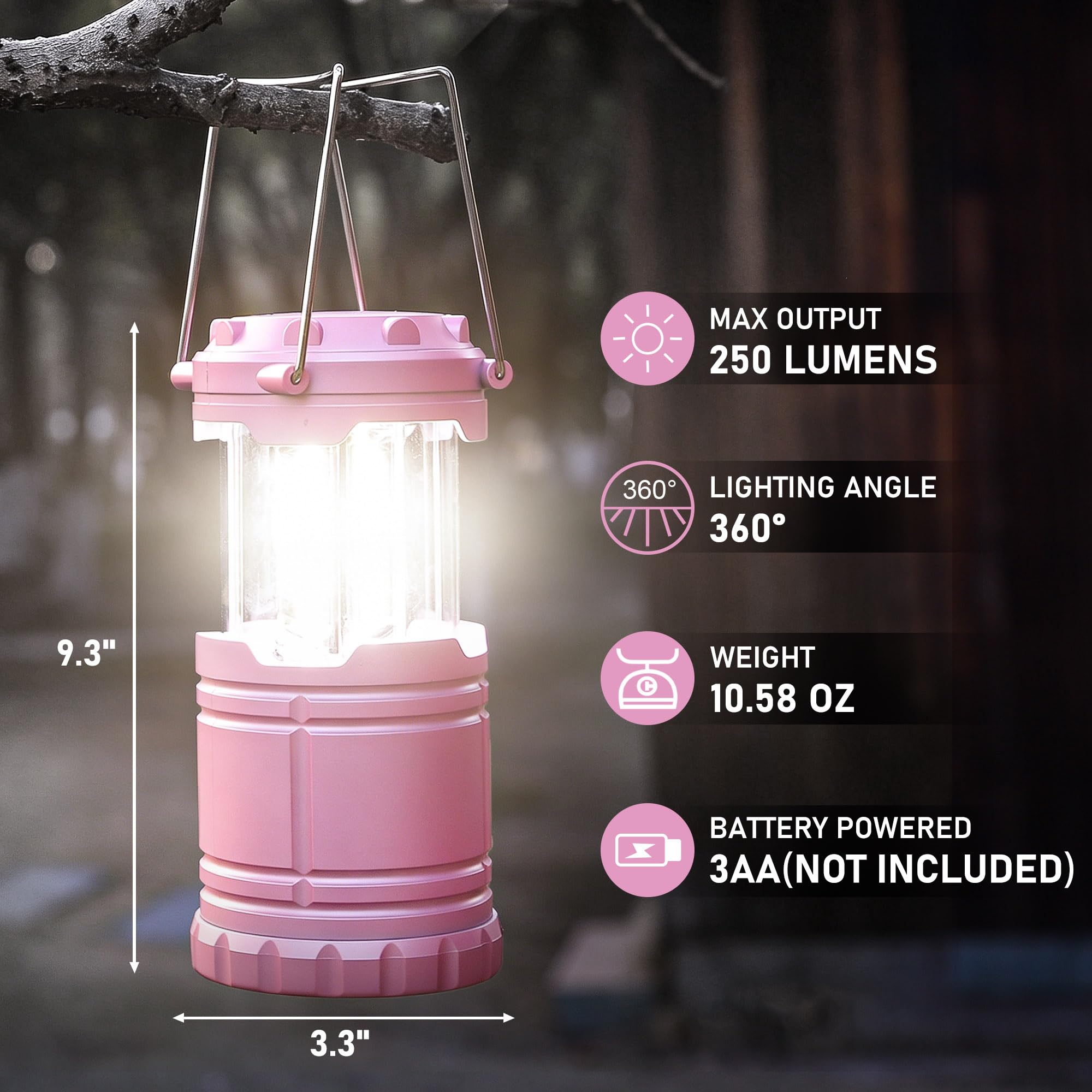 Linterna LED rosa para camping, luces de emergencia esenciales para cortes de energía, senderismo, huracán