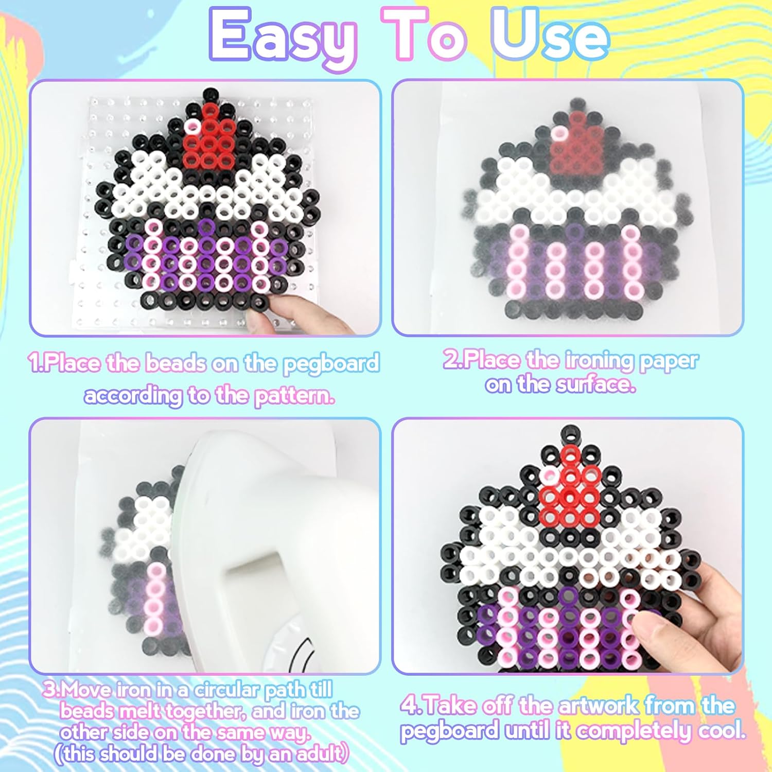 10mm Large Fuse Beads Kit for Kids,12 Colors XL Fuse Beads Set with Storage Box, Ironing Papers,Pegboards Booklet and Accessories,DIY Art Craft Toys Gifts for Girls & Boys Age 3+ Birthday Christmas - Image 3