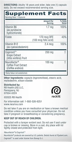 Miniatura 9 de NEURIVA Suplemento Cerebral 3D para la Memoria - Cápsulas Nootrópicas Descafeinadas para Memoria, Enfoque y Función Cognitiva - Apoyo a la Memoria a