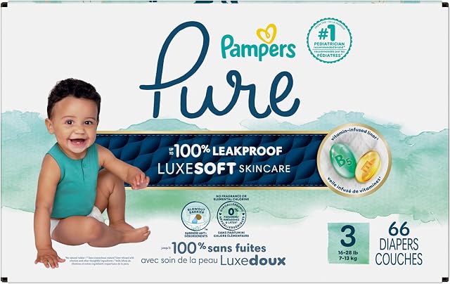 Pampers Pure Baby Diapers, Size 3, Up to 100% Leakproof, Premium Hypoallergenic Soft Diapers, 1 Pack (Count of 66)