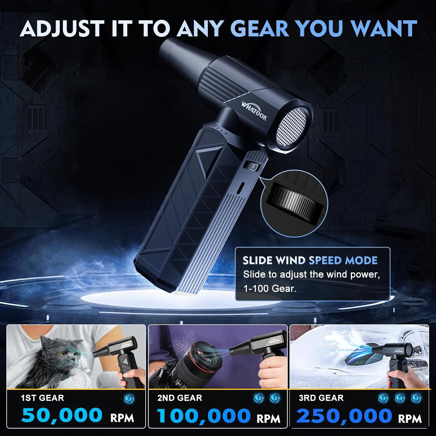 WHATOOK Air Duster showing speed adjustment and various applications