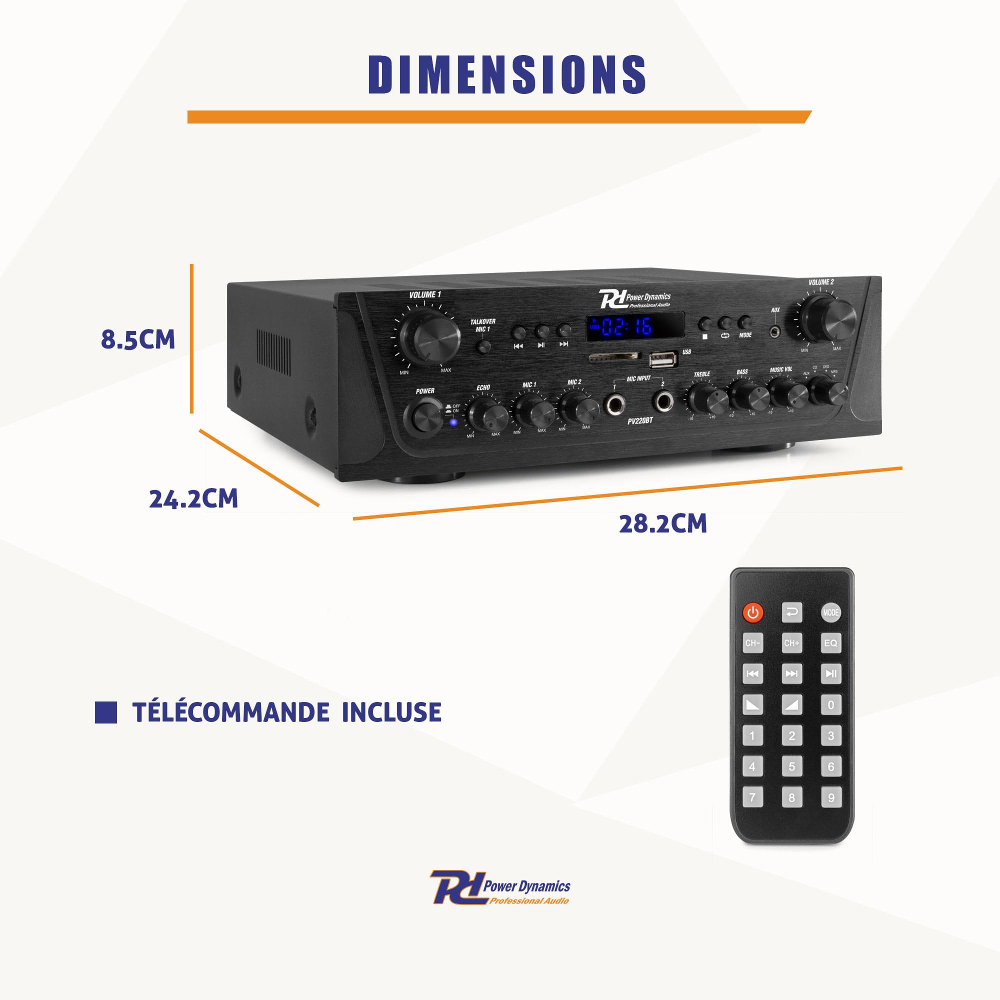 Power Dynamics PV220BT Amplificateur Audio Bluetooth 2x100W 2 Zones Lecteur MP3 USB/SD Radio FM Entrées RCA AUX Télécommande