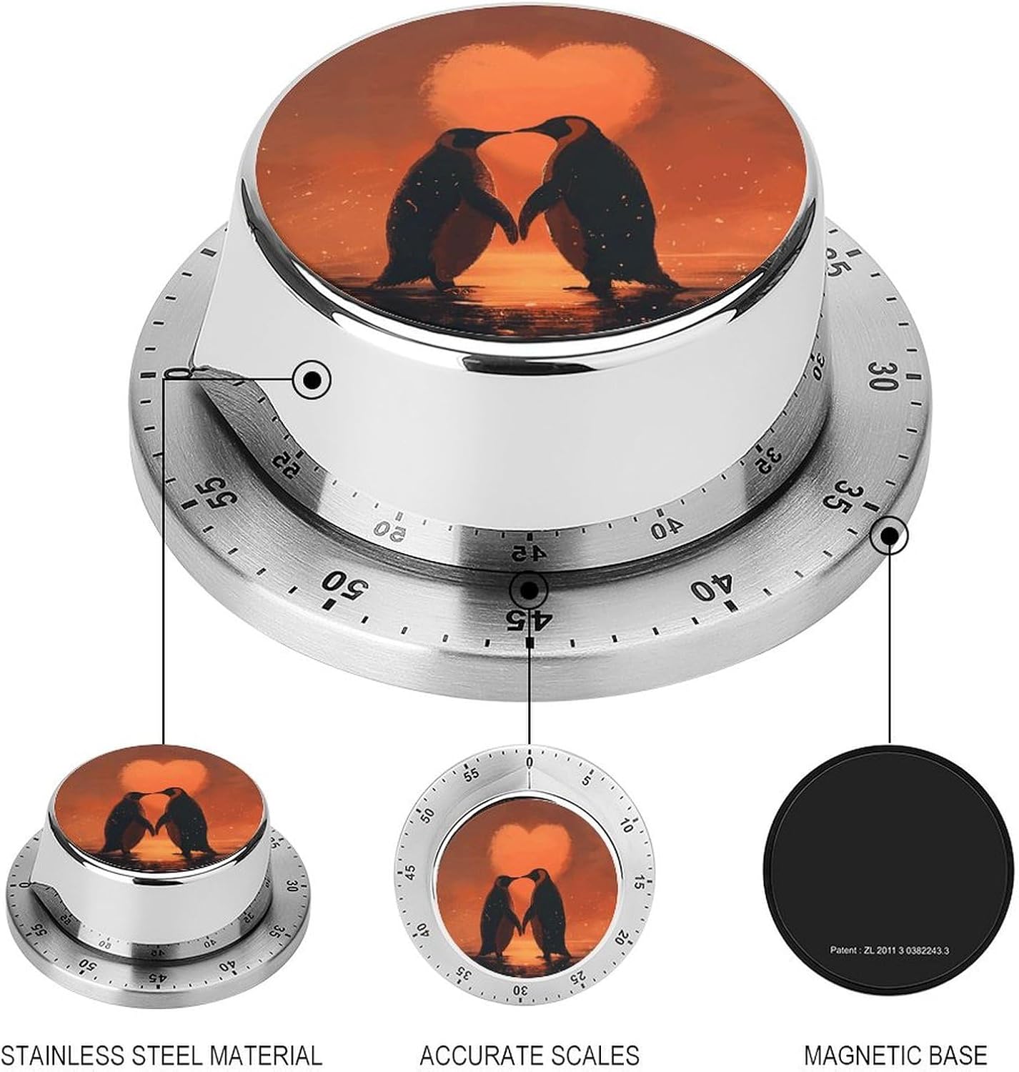 Two Penguins in Love Kitchen Timers for Cooking,Meeting Timer Suitable for Home School Supplies, Study Tools, Desks, Office Desk Timers,Silent Operation image 3