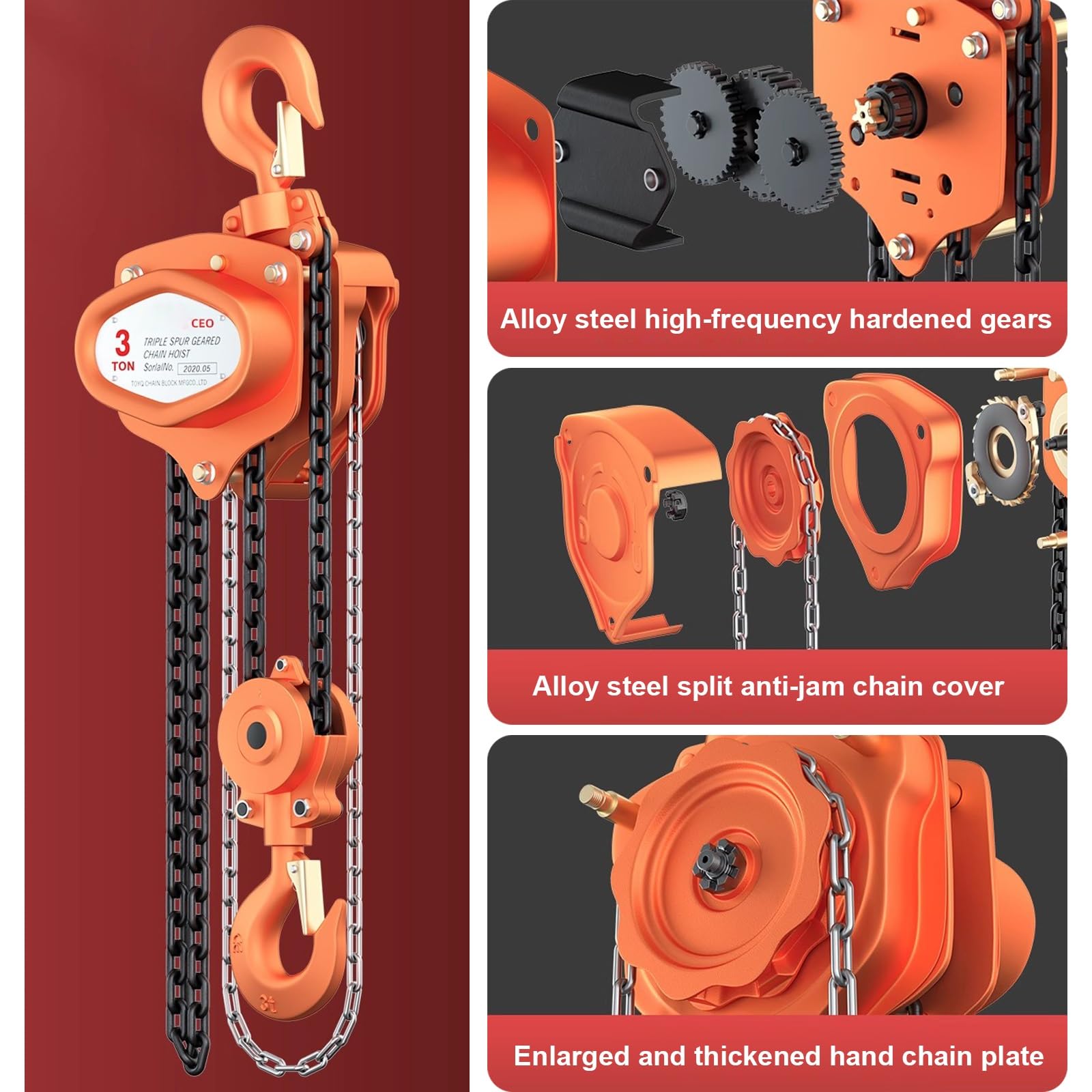 Paranco a Catena Manuale di Piccole Dimensioni, Carrucola per Sollevamento, con Catena G80 e 2 Ganci, per Garage, Magazzini e Autoveicoli(1T/600cm)