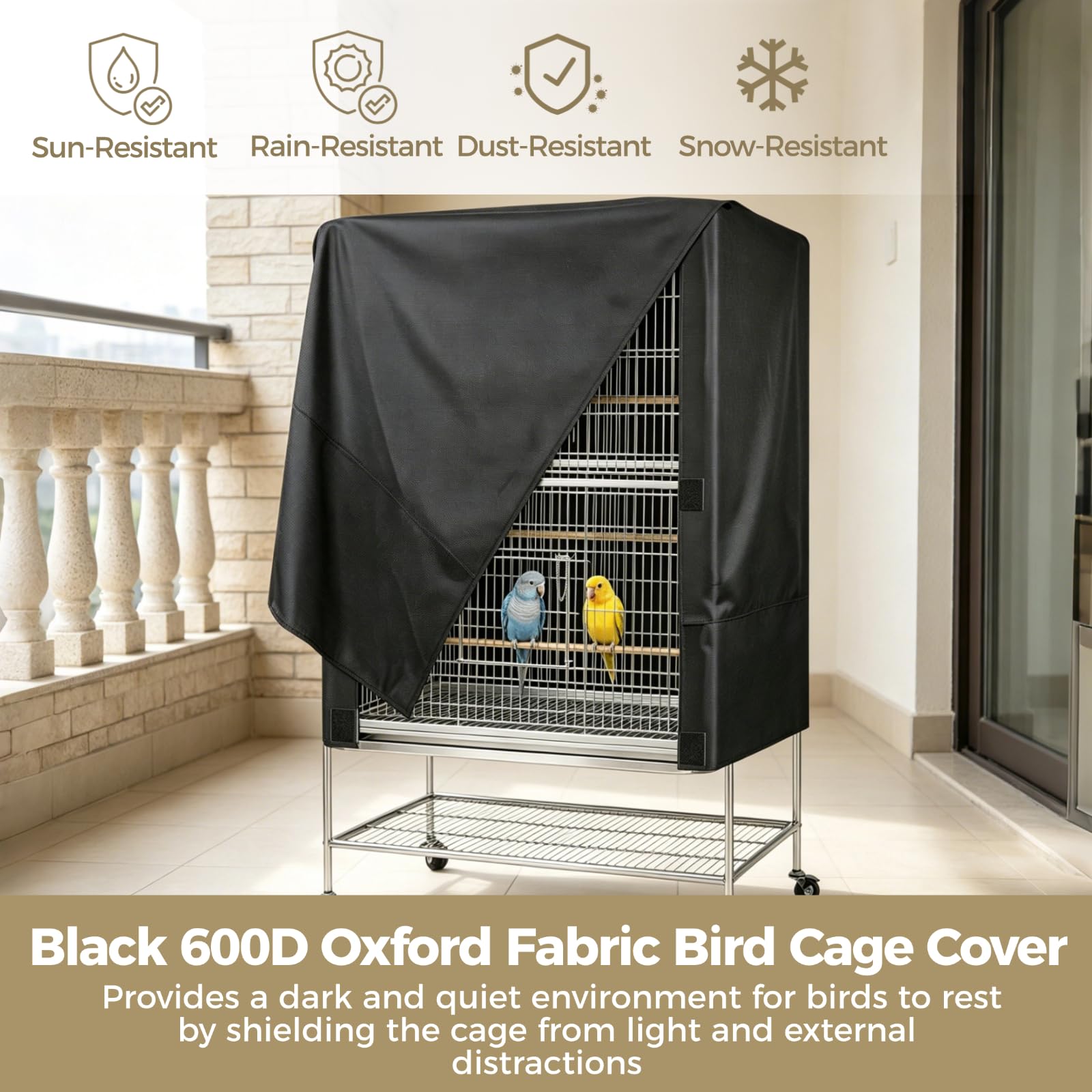 Generisch Schwarze Vogelkäfigabdeckung aus 600D Oxfordstoff, 33 x 23 x 41 Zoll, Abdeckung für Papageienkäfige für den Außenbereich, Vollabdeckung gegen Staub und Schatten, mit leichtem Zugriff