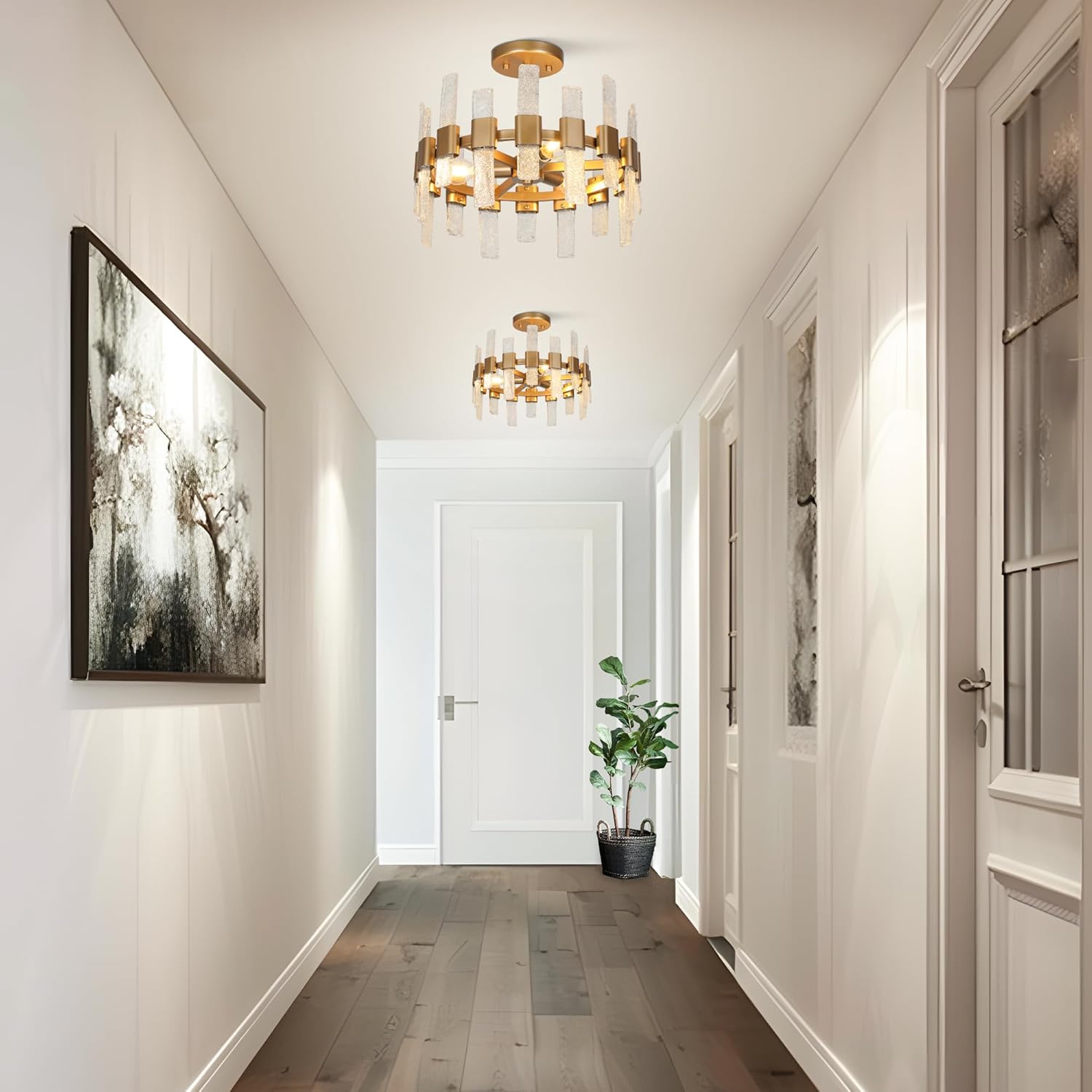 KSANA Gold Semi Flush Mount Ceiling Light, Modern Drum 3-Light Close to Ceiling Light Fixture with Textured Glass for Hallway, Bedroom, or Kitchen