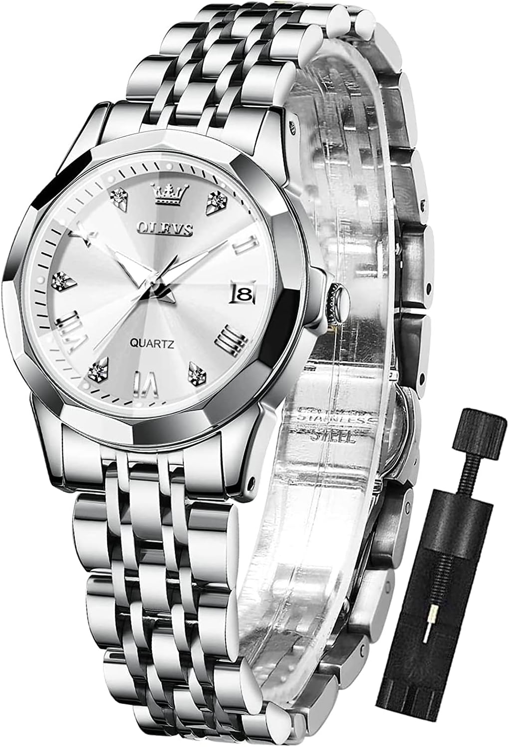 Womens Watch Fashion Dress Diamond Female Watches for Ladies Analog Quartz Stainless Steel Waterproof Luminous Day Date Two Tone Wristwatch