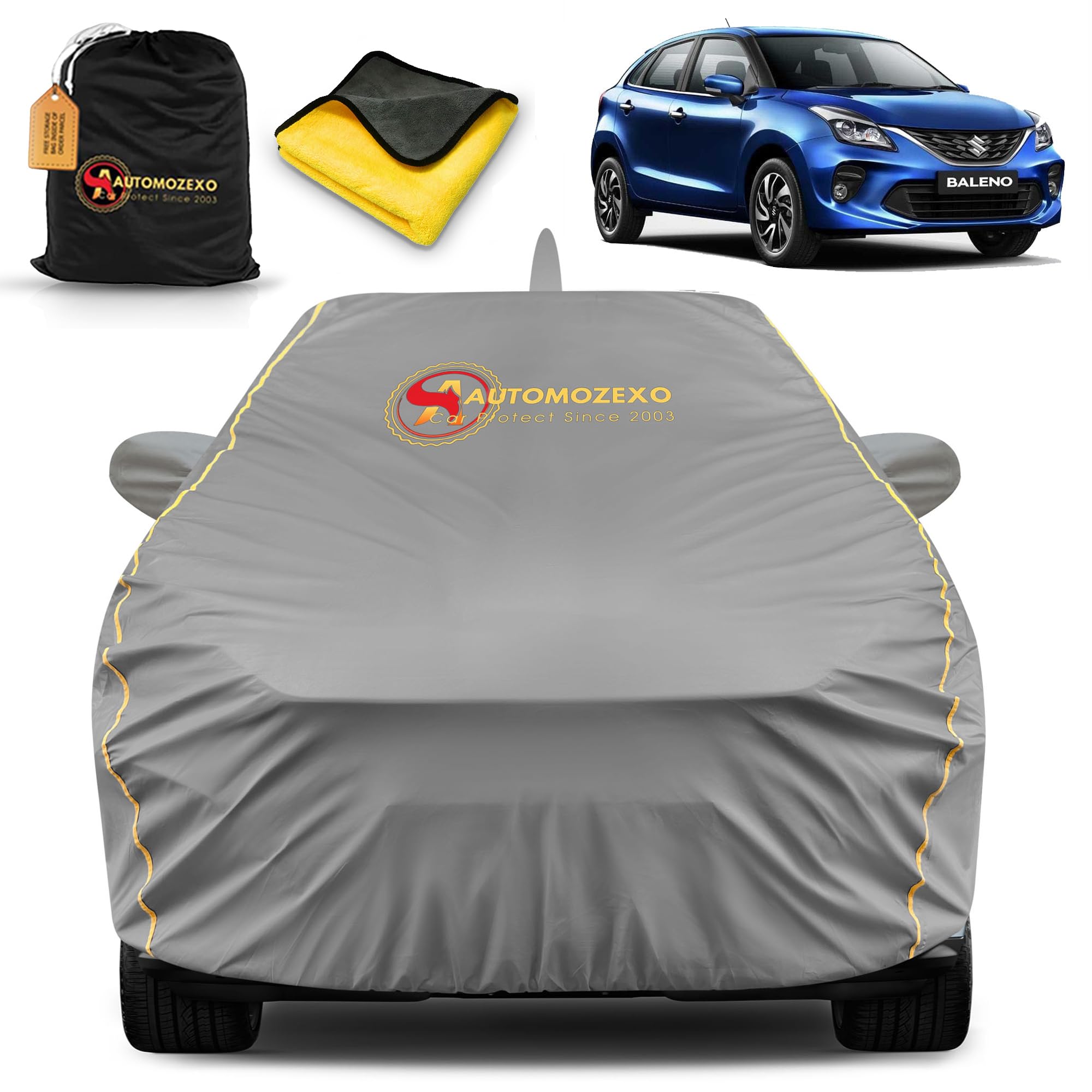 Maruti Suzuki Baleno 100% Waterproof Car Cover for All Weather Protection with Mirror & Antena Pocket Inner Cotton Triple Stitched Adjustable Belt Bottom Elastic Cover to Secure Fit -Grey