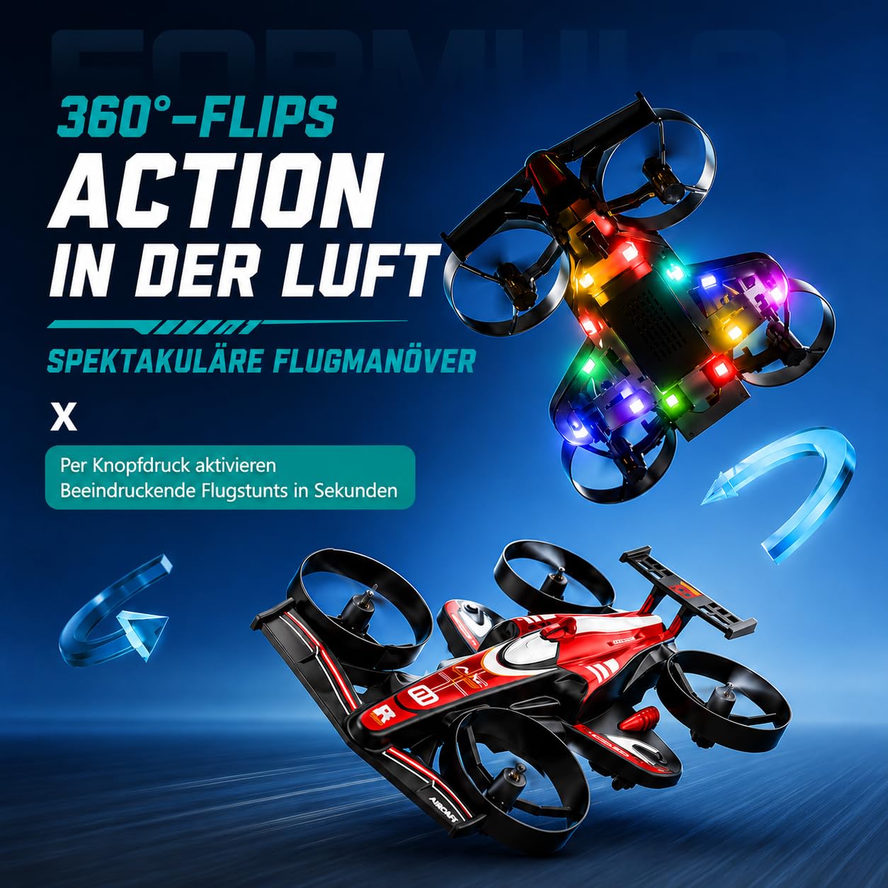 Mini drone RC 2 in 1 per bambini – rosso, modalità volo e pavimento, apertura a 360°, altezza 3 velocità, luci LED, avvio a tasto, rosso