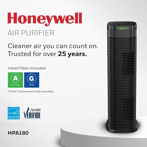 Honeywell HEPA Air Purifier for Home, 990 Ft2 Rooms in 1 hour, HEPA Filter, Auto Mode, Air Quality Indicator, Reduces Allergens, Dust, Pollen, Pet Dander, All Smoke Types, Odors, Black, HPA180