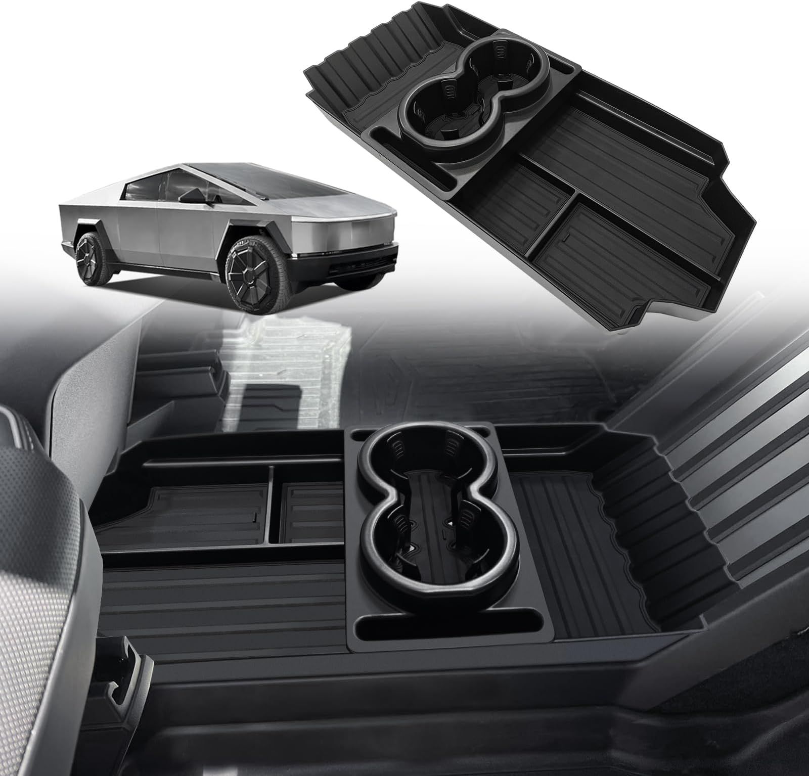 Front Lower Center Console Organizer Tray Compatible with Tesla Cybertruck 2025 2024 Fit 32oz Bottle Interior Accessories ABS Material with PVC Trim Floor Console Storage (Floor Organizer)