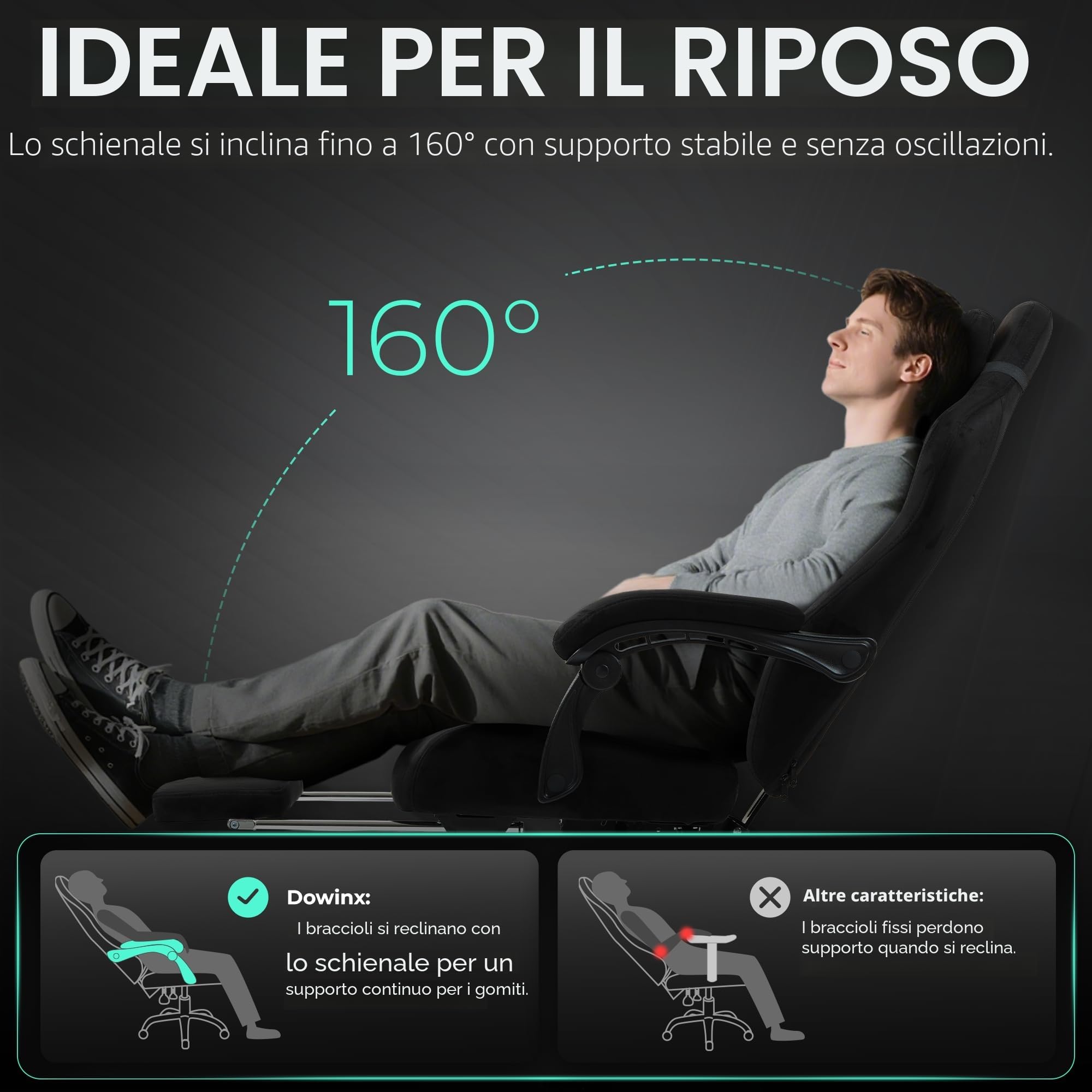 Dowinx Sedia da gaming, ergonomica, con cuscino lombare, poggiatesta regolabile in altezza, cuscino ispessito, poggiapiedi allungabile, braccioli regolabili, velluto in microfibra